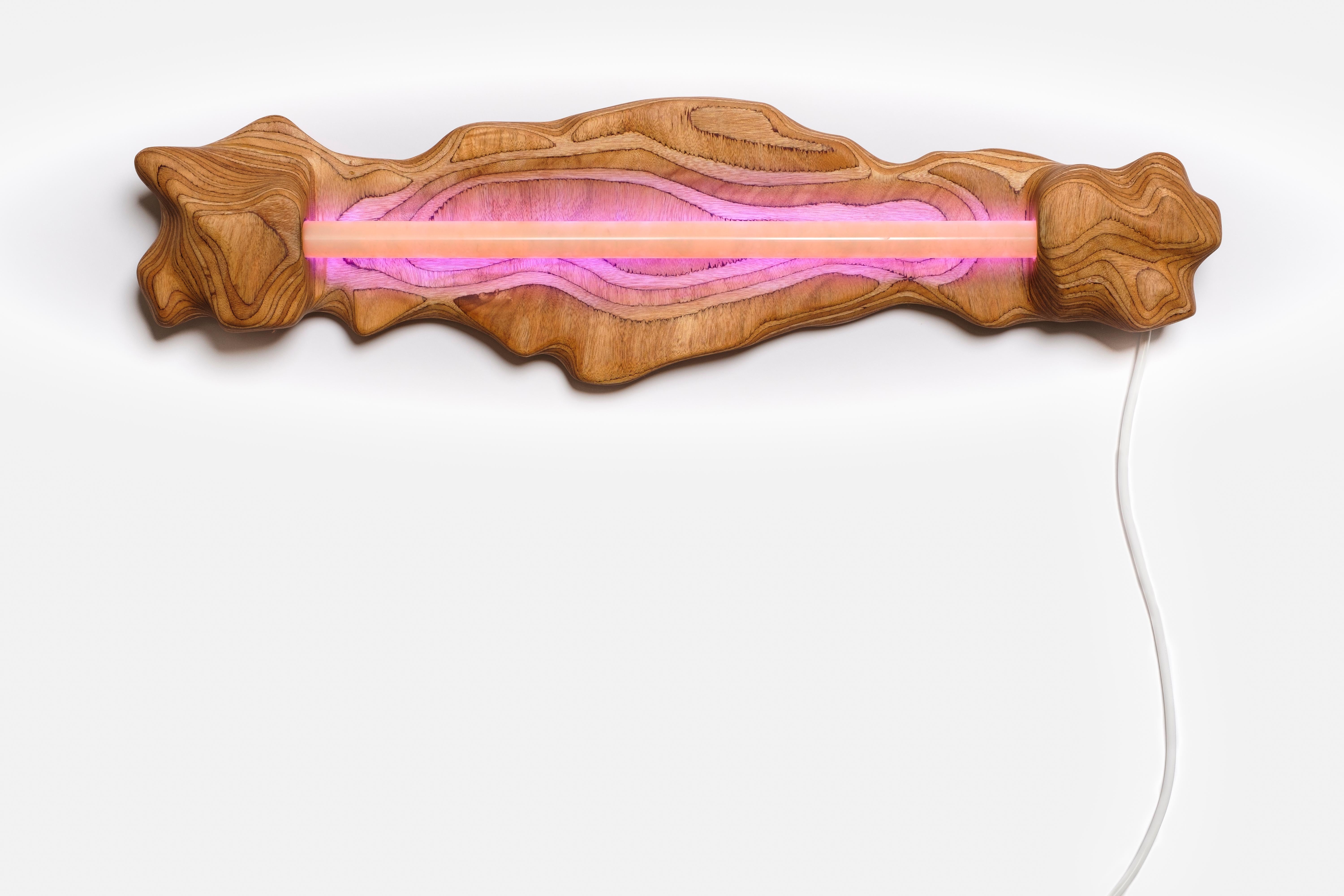 Dutch Wall Light with Okoume Wood and Pink Neon, by Studio Gert Wessels For Sale