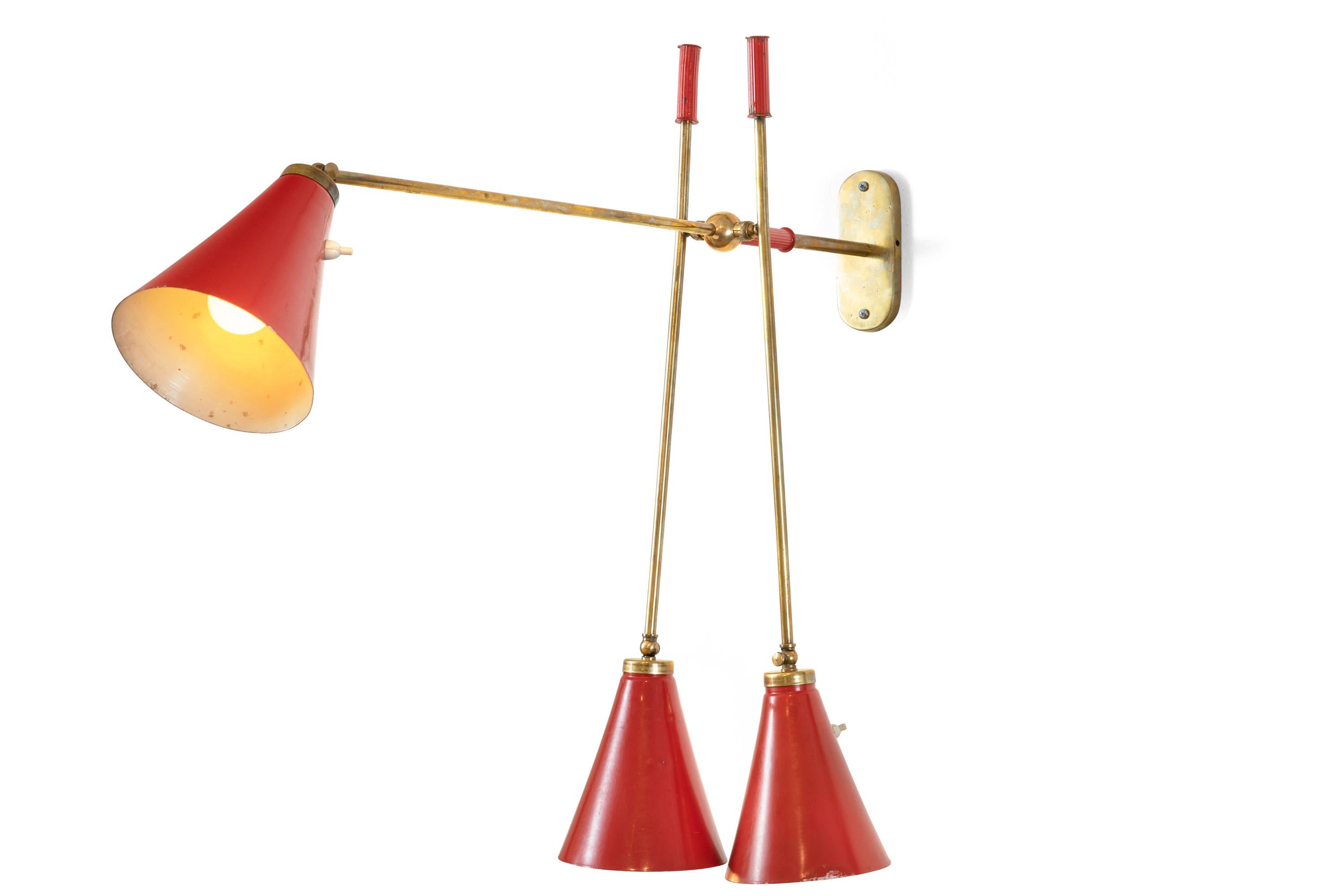 Mid-Century Modern Wall Light with Three Articulating Red Cone Shaped Shades, Italy, 1950s