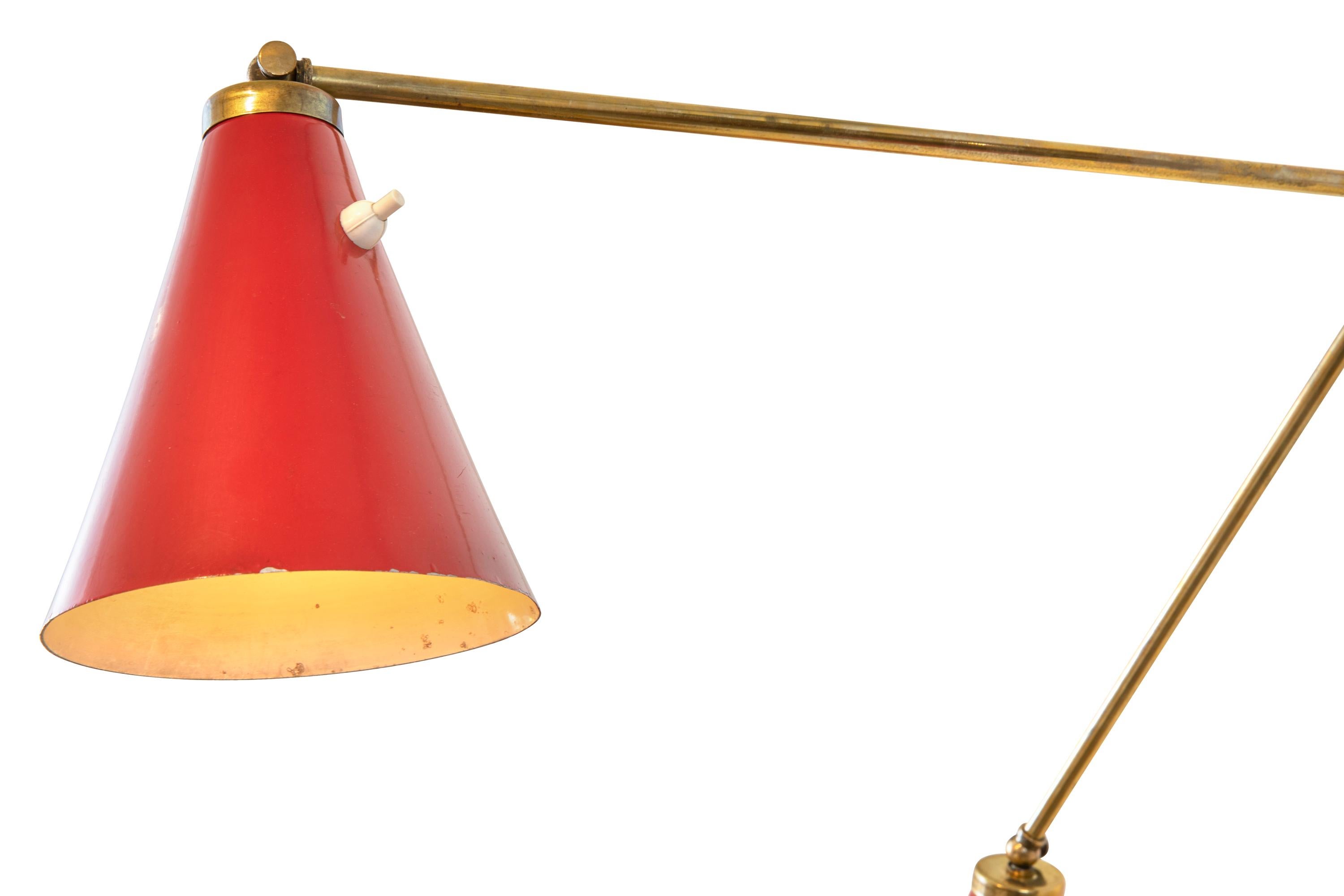 Italian Wall Light with Three Articulating Red Cone Shaped Shades, Italy, 1950s