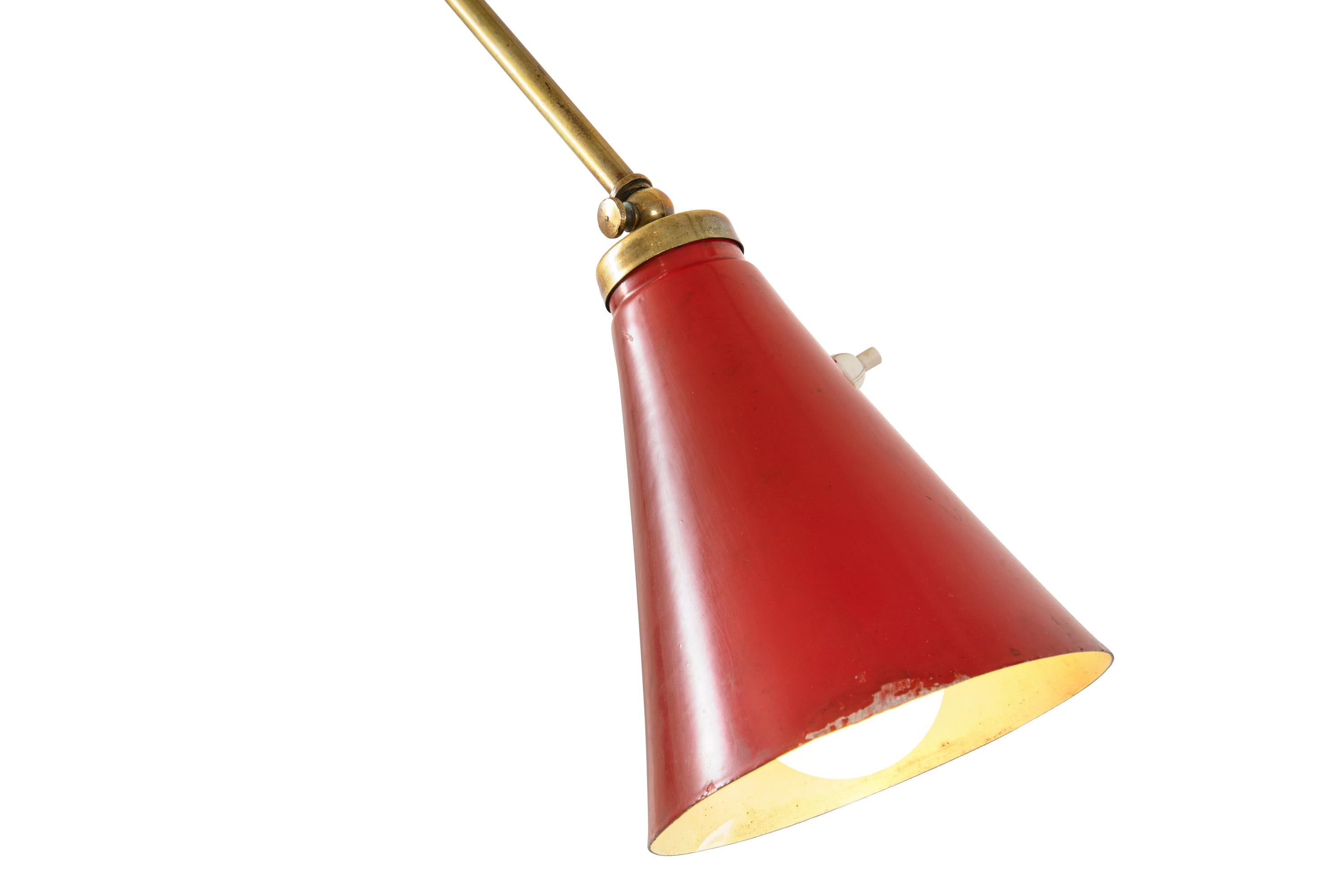 Painted Wall Light with Three Articulating Red Cone Shaped Shades, Italy, 1950s
