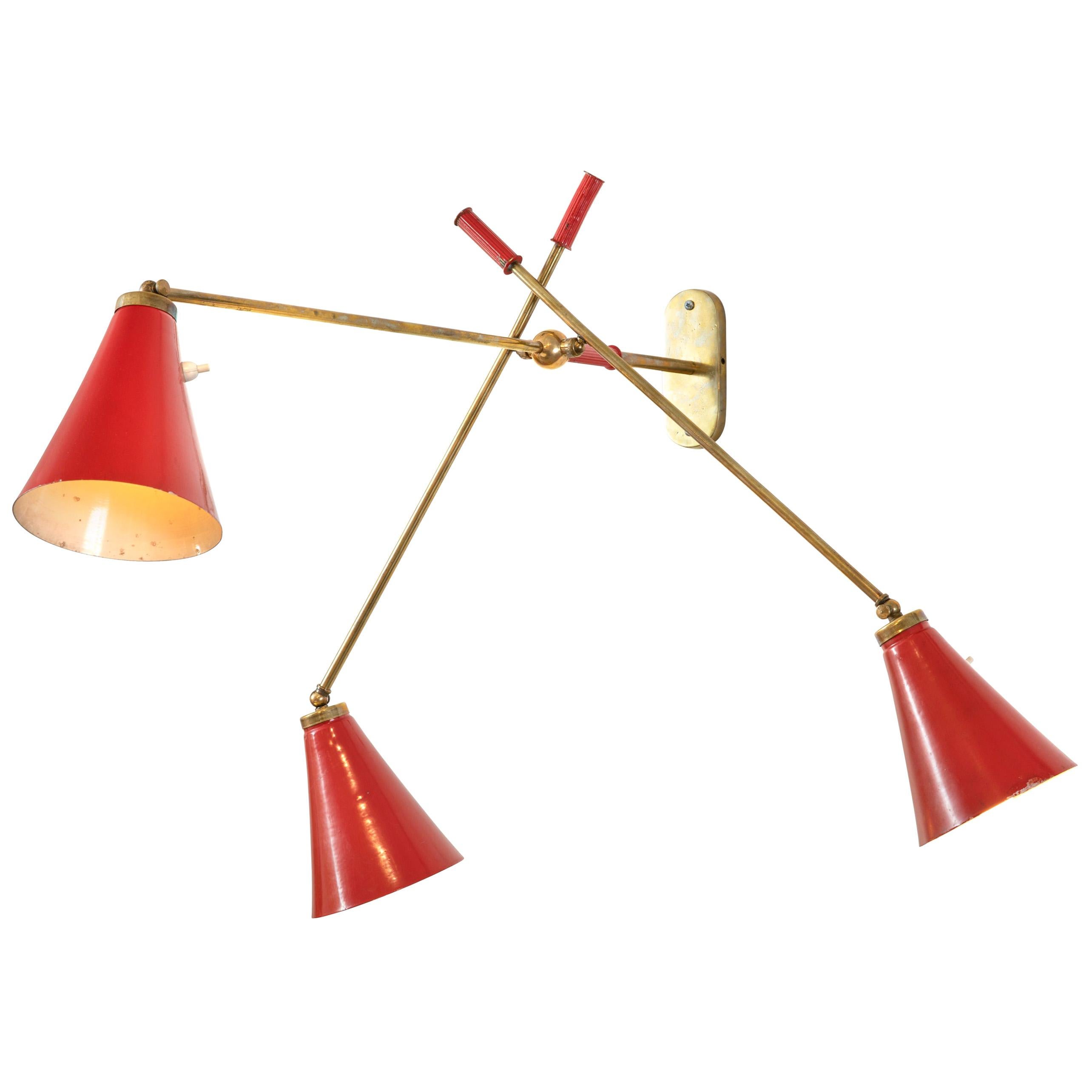 Wall Light with Three Articulating Red Cone Shaped Shades, Italy, 1950s