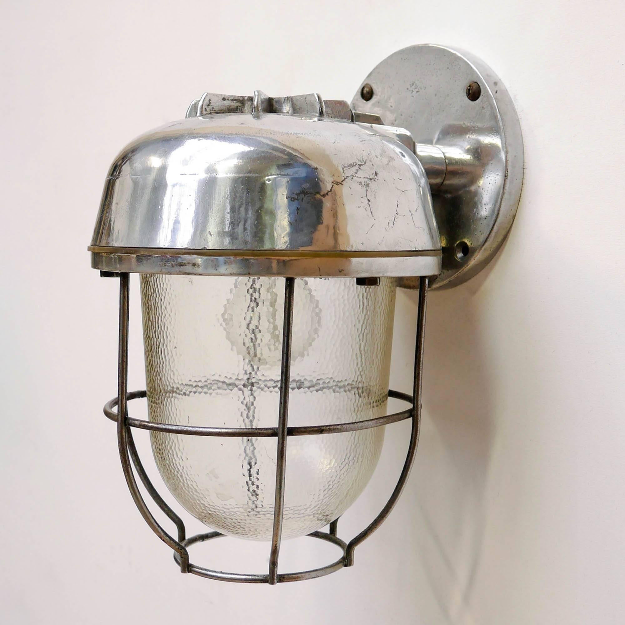 Industrial Wall Light, Hammered Glass and Polished Aluminium, circa 1950