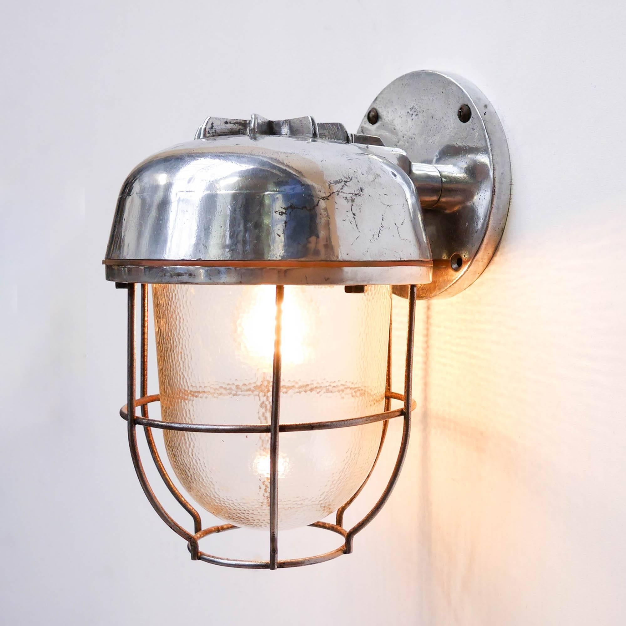 French Wall Light, Hammered Glass and Polished Aluminium, circa 1950