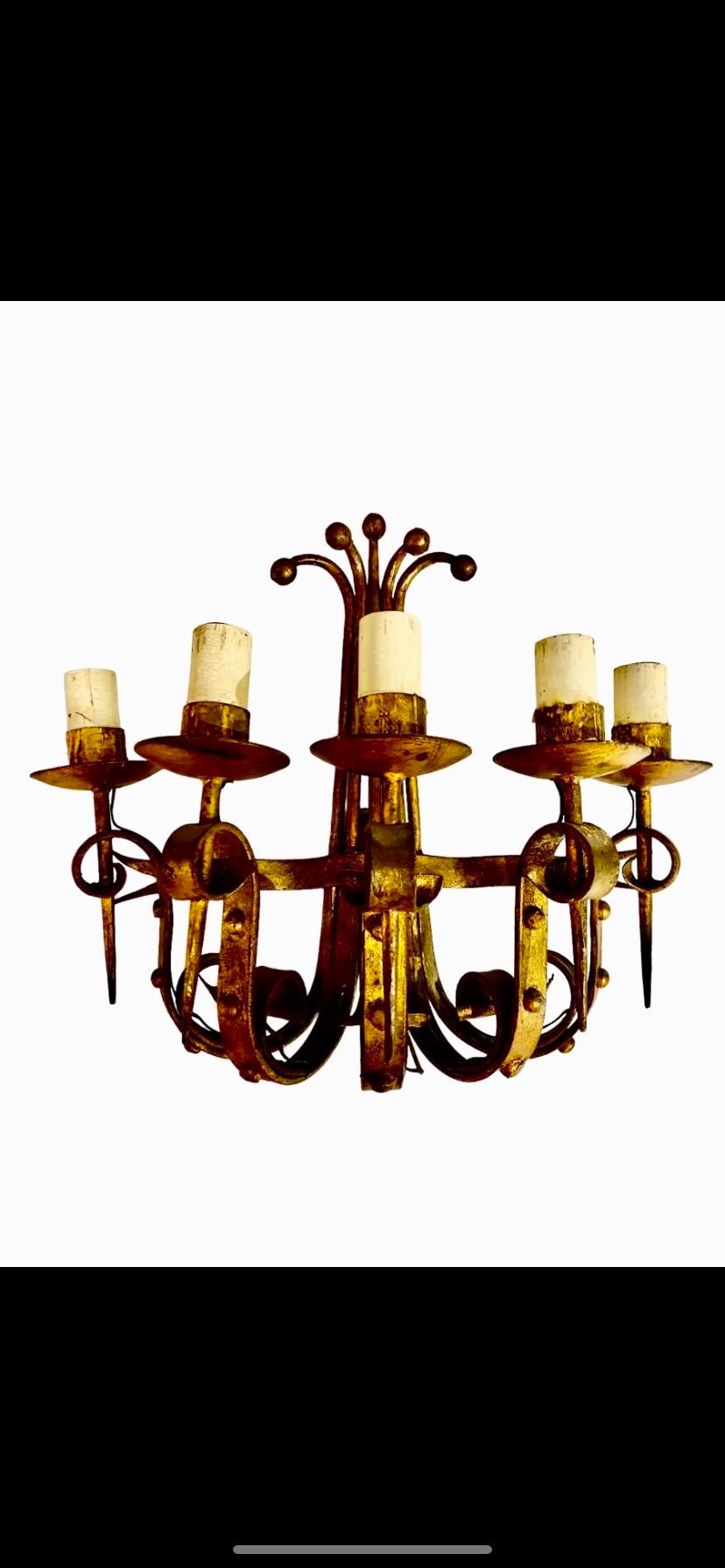 Wonderful old balears Spain 1950s two light metal wall sconces with 5 bulbs and golden leaves, in a beautiful quirky shape. Traditional handcrafted, Hollywood Regency style. Original iron candle holders. All parts have been cleaned but without