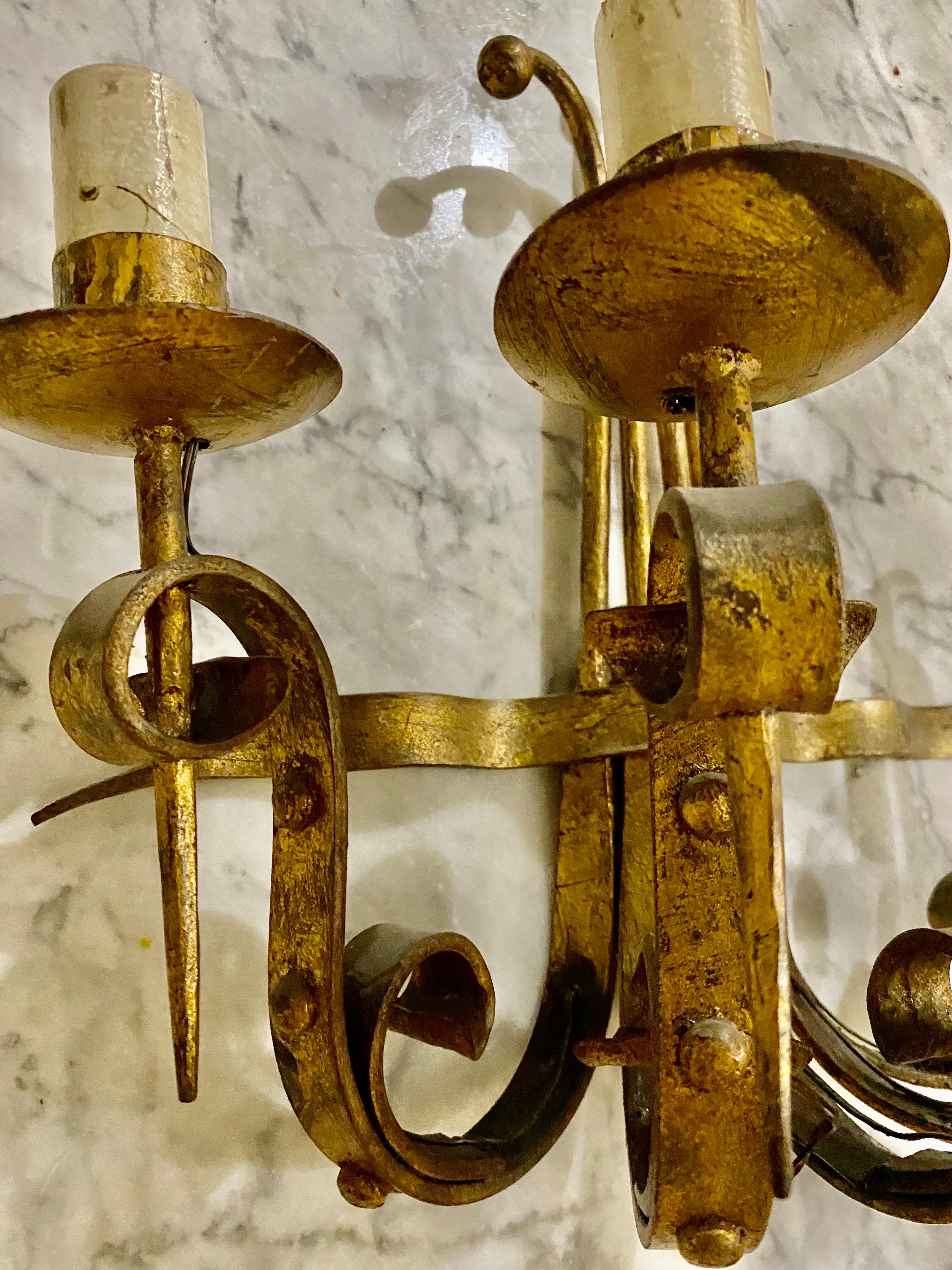 Hammered Wall Lighting Pair Metal with Gilt Gold Finish, Spain 1950 For Sale