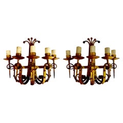 Coppia di luci da parete in metallo con finitura oro dorato, Spagna 1950
