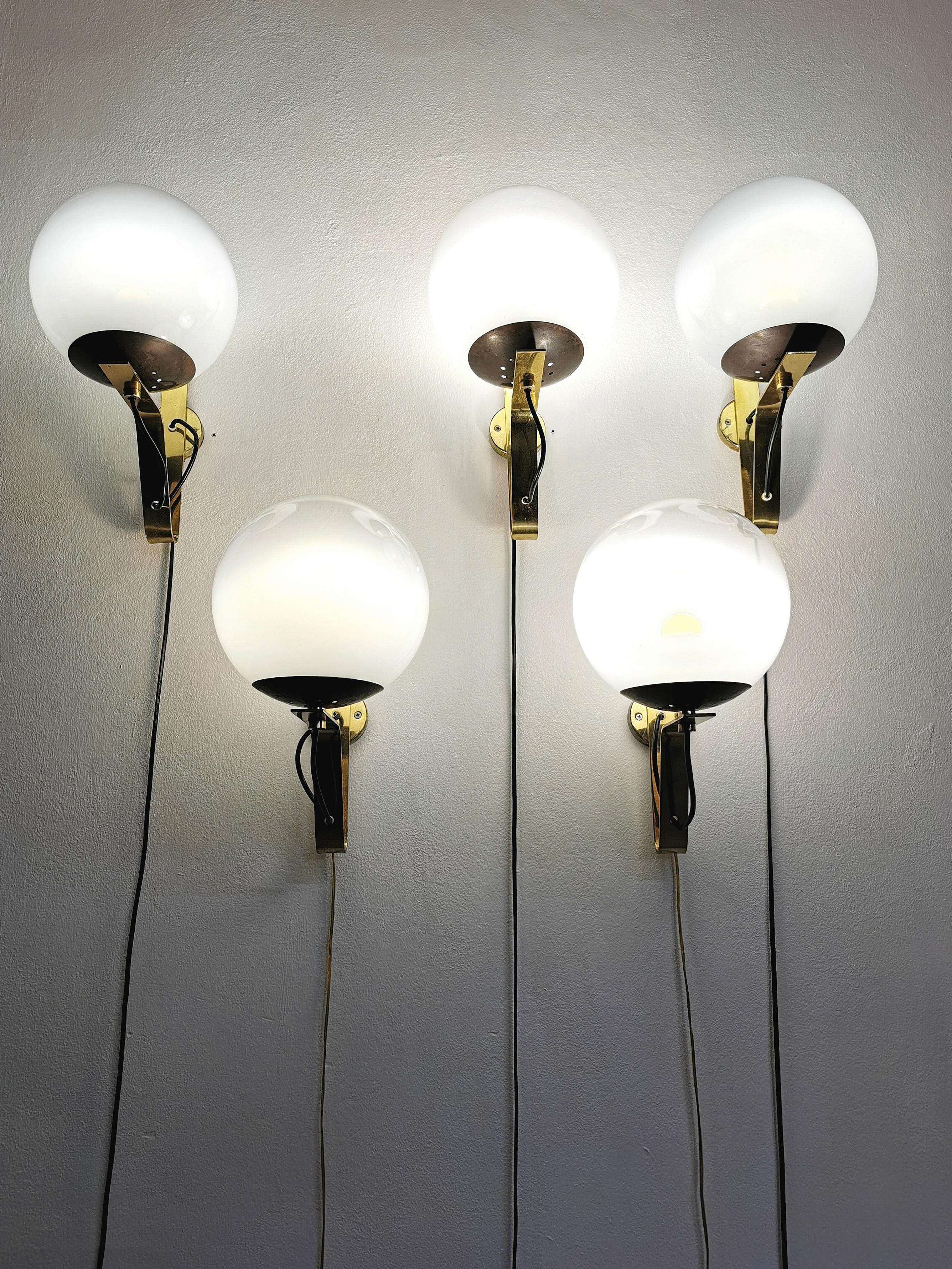 Mid-Century Modern Wall Lights Sconces Brass Glass Style of Gino Sarfatti Mid Century 60s Set of 5