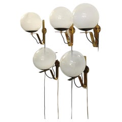 Wall Lights Brass Glass in the Style of Gino Sarfatti Mid Century 1960s Set of 5