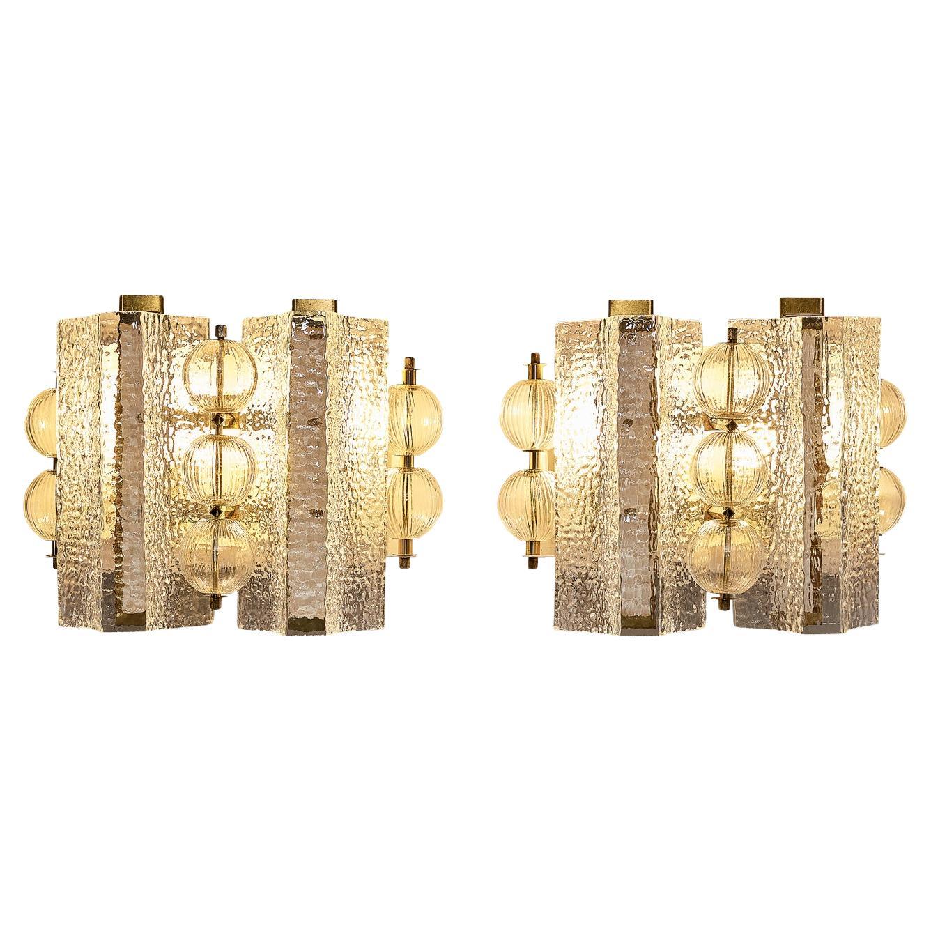 Wall Lights in Textured Glass and Brass  For Sale