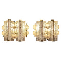 Retro Wall Lights in Textured Glass and Brass 