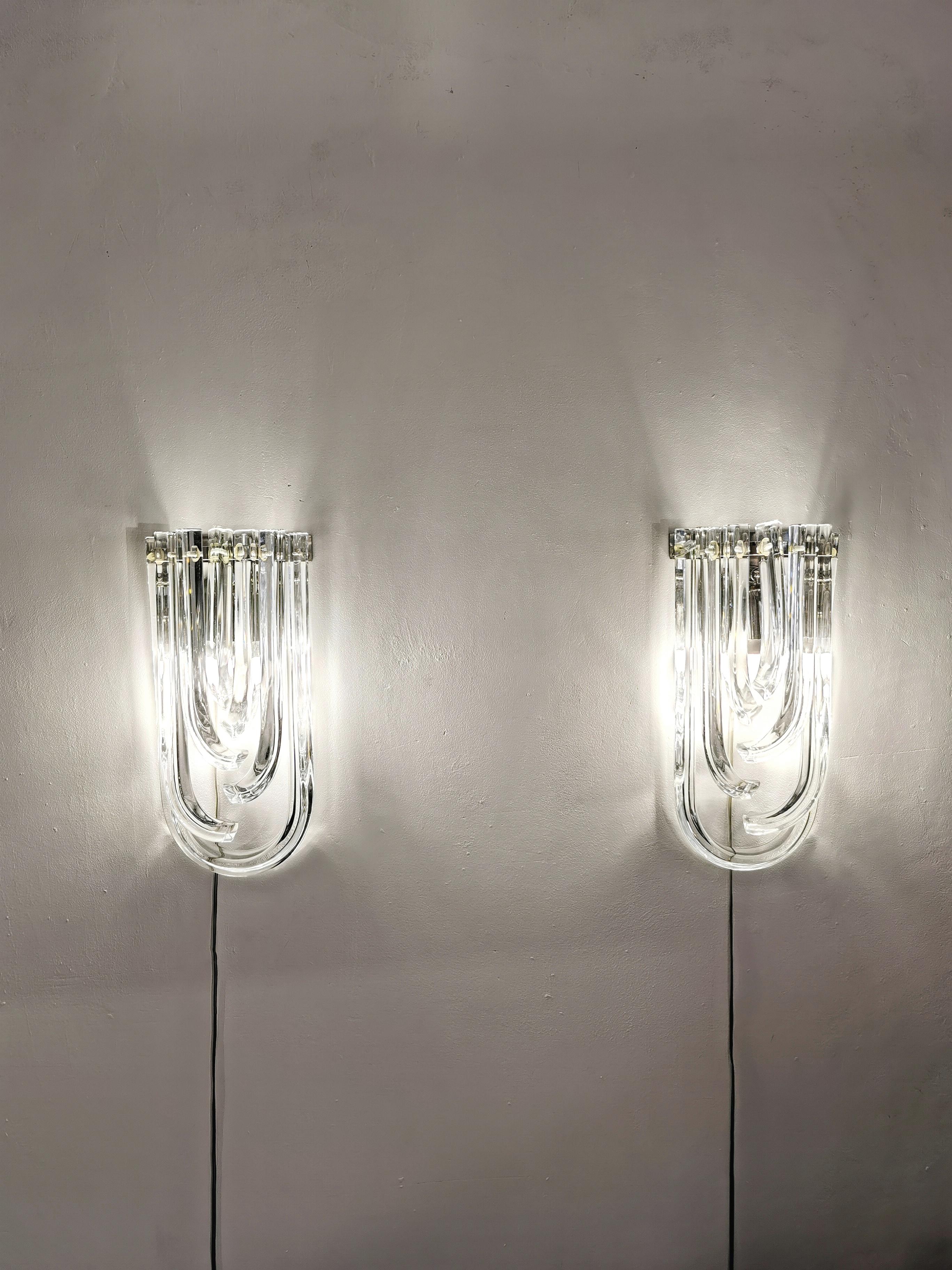 Elegant and unusual set of 2 large wall lamps by Venini with Murano crystalline 