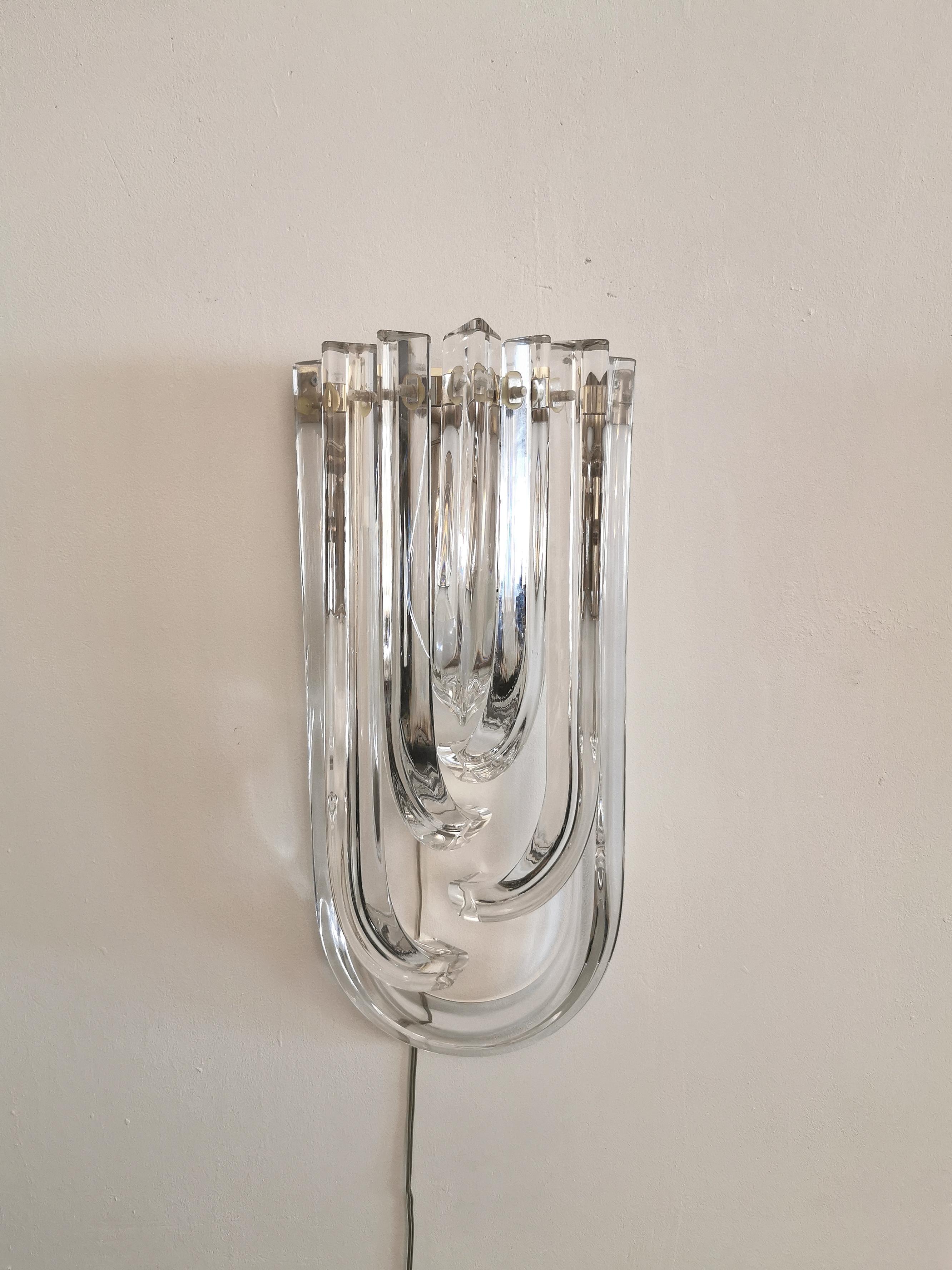 Wall Lamps Murano Glass by Venini Metal Aluminum Chromed Italy 1980s Set of 2 In Good Condition In Palermo, IT