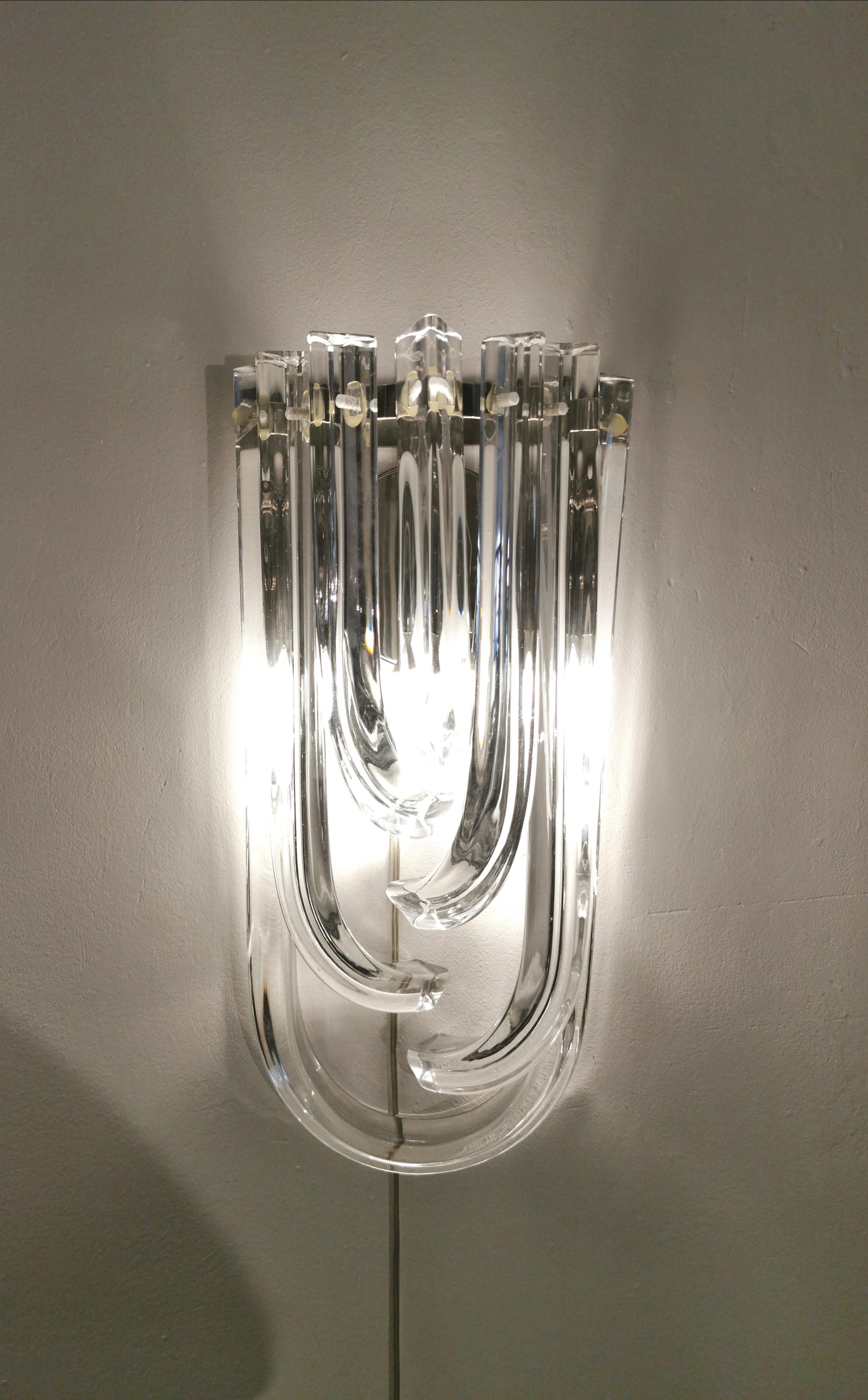 Late 20th Century Wall Lamps Murano Glass by Venini Metal Aluminum Chromed Italy 1980s Set of 2