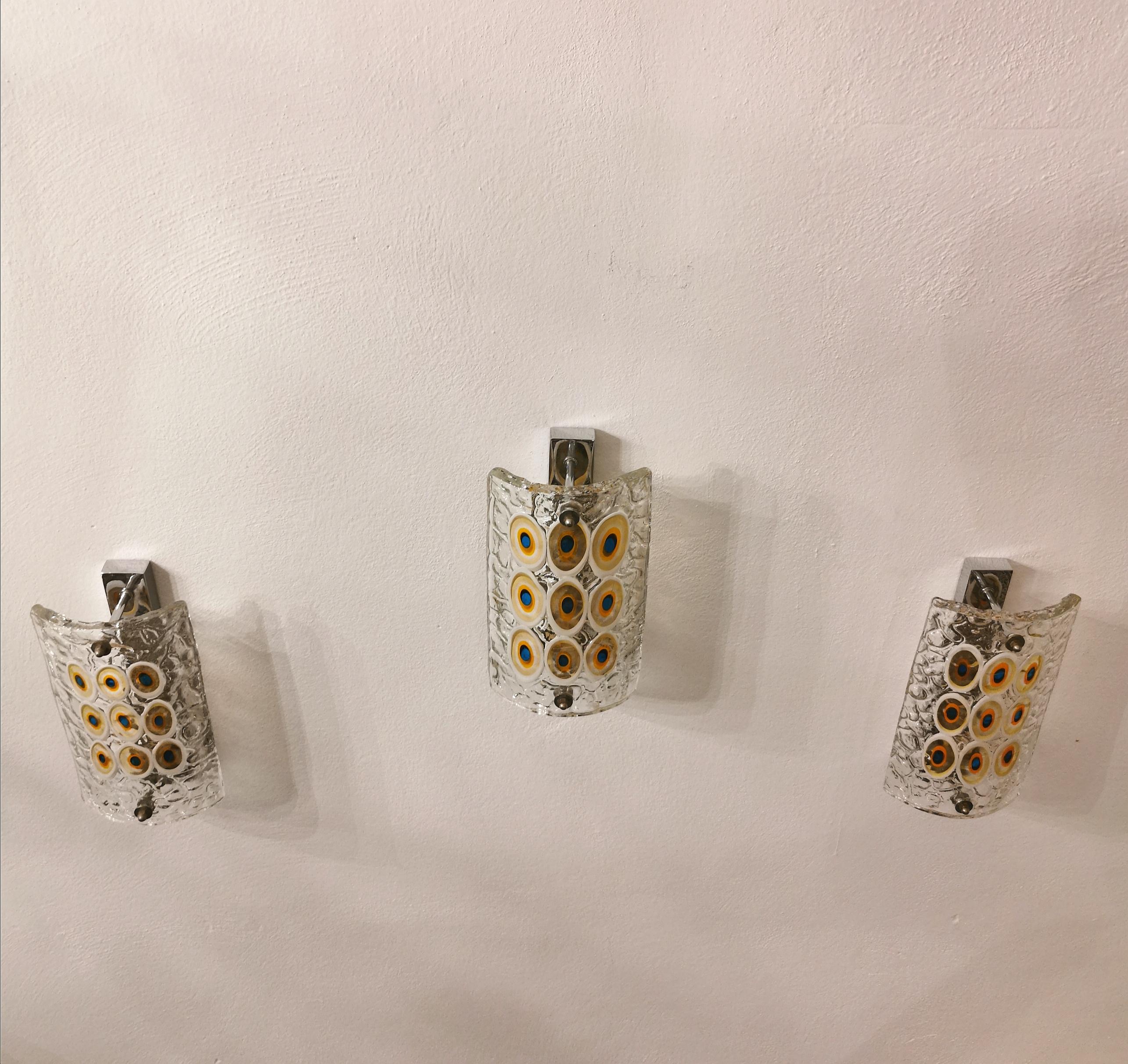 Wall Lights Sconces Murano Glass Brass Nickel-Plated Midcentury 1960s Set of 3 6