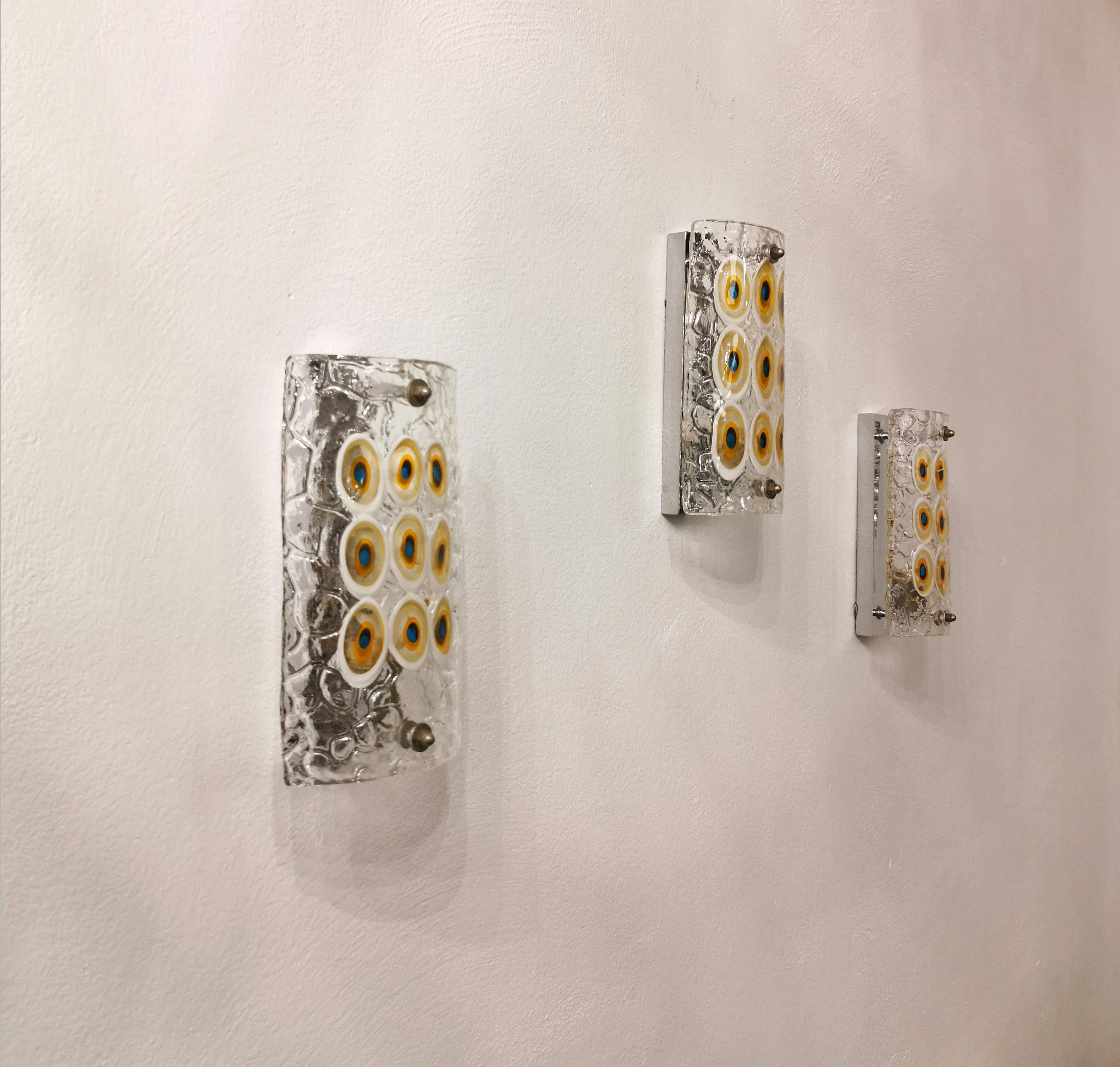 Wall Lights Sconces Murano Glass Brass Nickel-Plated Midcentury 1960s Set of 3 7