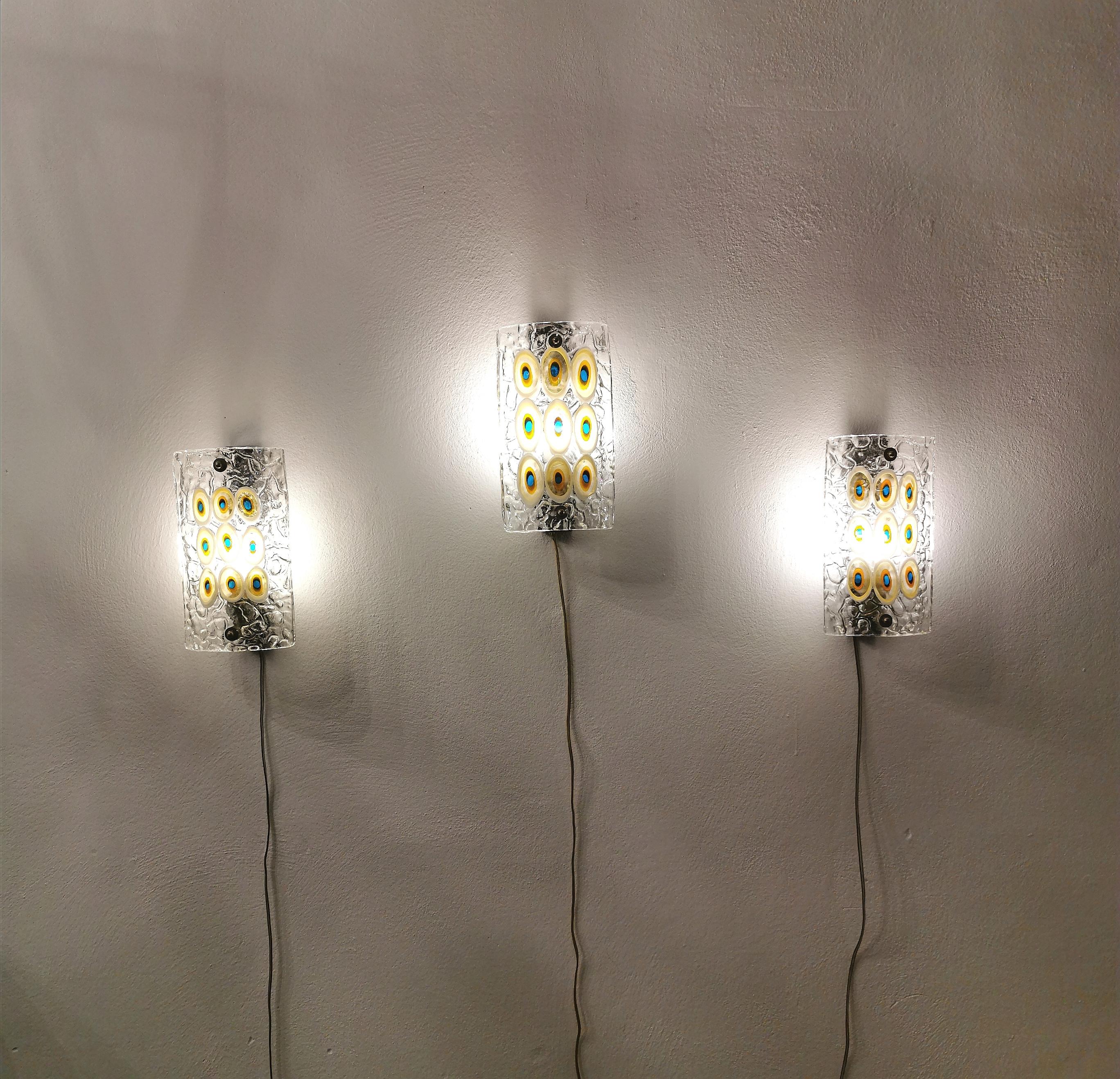 Mid-Century Modern Wall Lights Sconces Murano Glass Brass Nickel-Plated Midcentury 1960s Set of 3