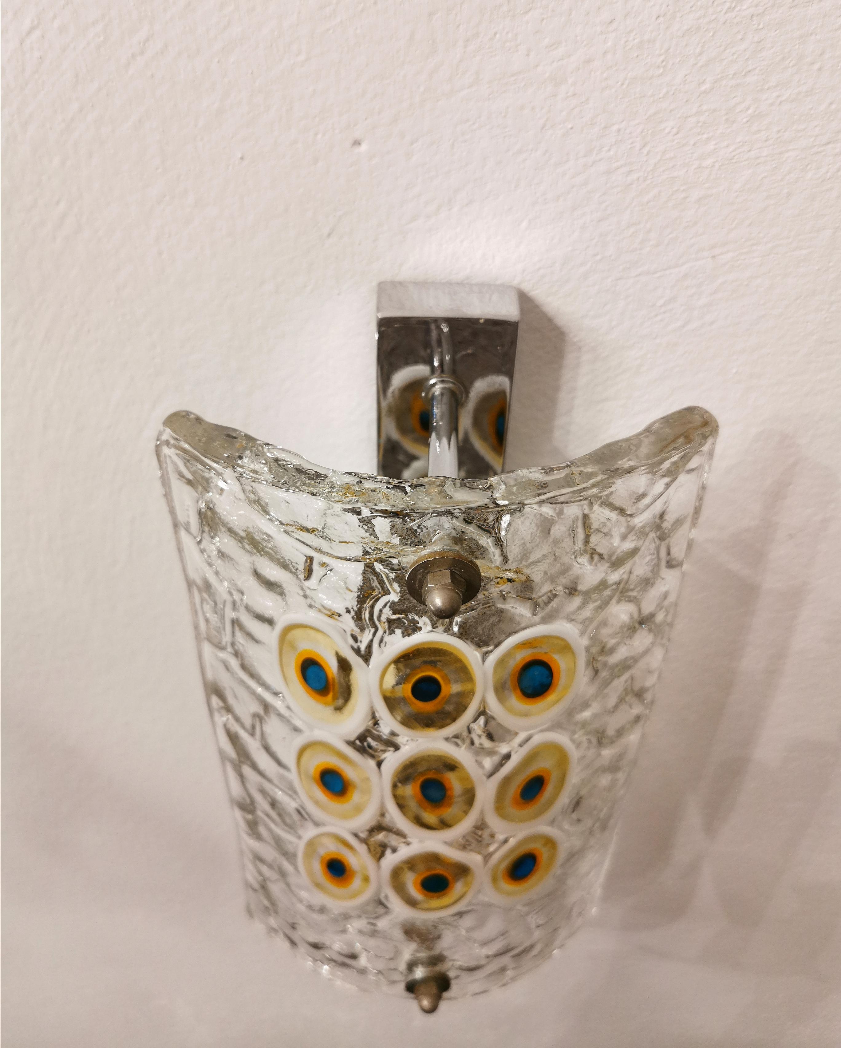 Wall Lights Sconces Murano Glass Brass Nickel-Plated Midcentury 1960s Set of 3 In Good Condition In Palermo, IT