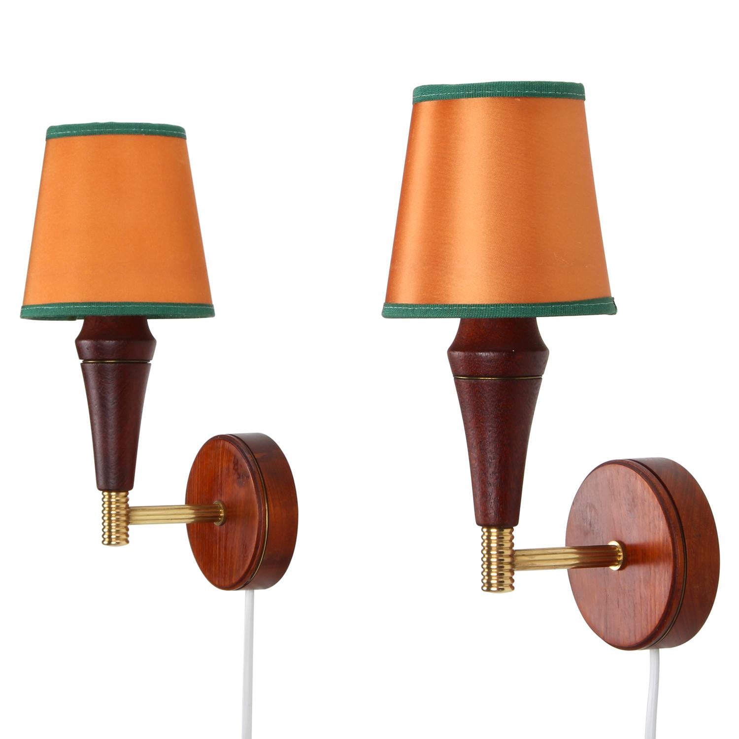 Mid-Century Modern Wall Lights 'Pair', 1950s Danish Vintage Wall Lamps with Orange Shades