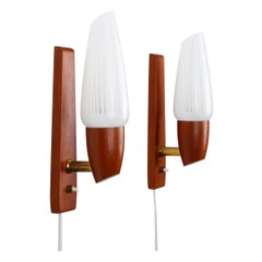Wall Lights 
Pair
, 1950s Scandinavian Sconces with White Glass, Brass and Teak