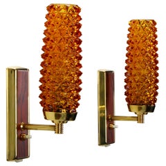 Wall Lights 'Pair' 1960s Danish Vintage Sconces with Dark Wood, Brass and Glass
