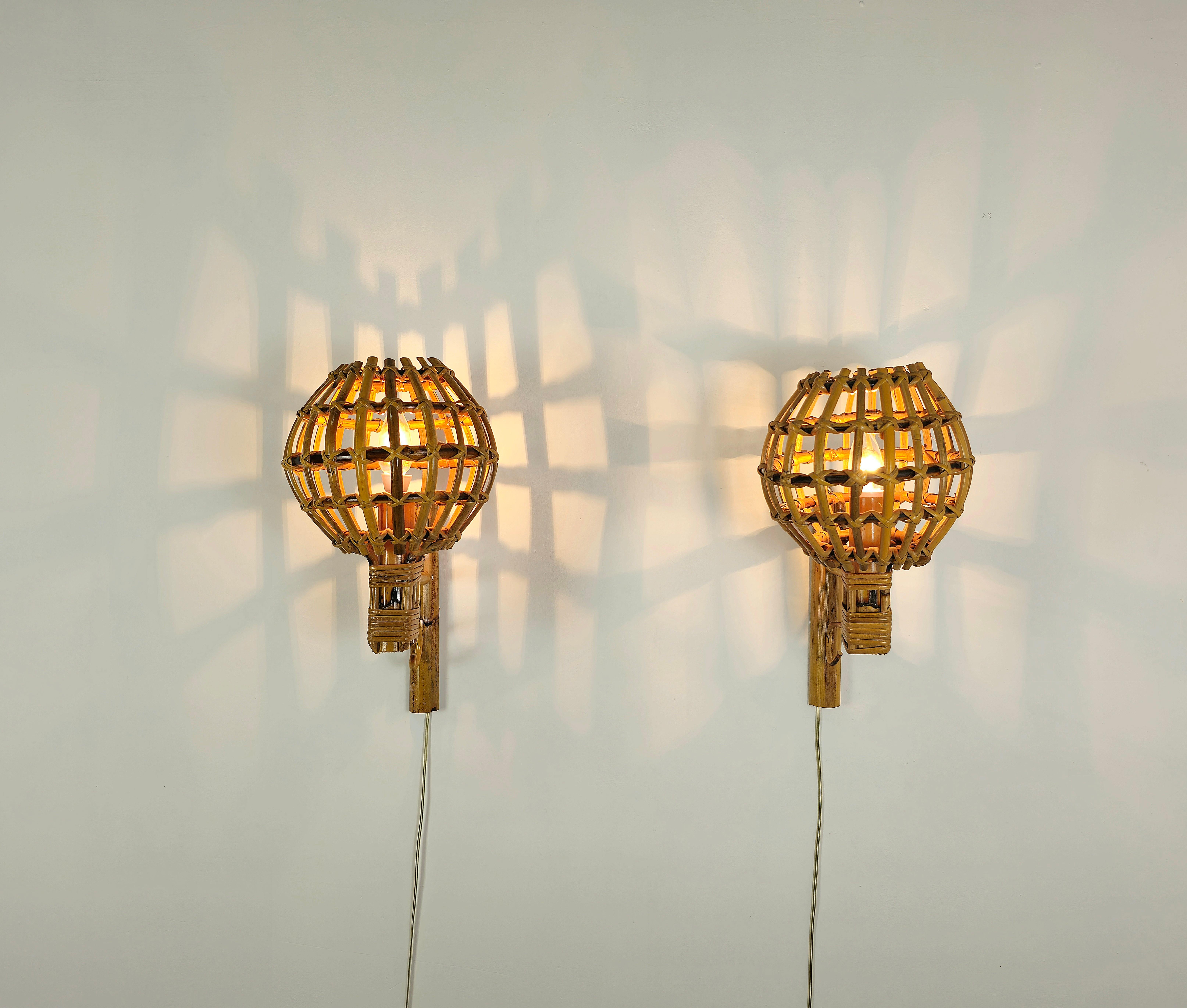 Wall Lights Rattan Bamboo Attributed to Louis Sognot Midcentury 1960s Set of 4  4