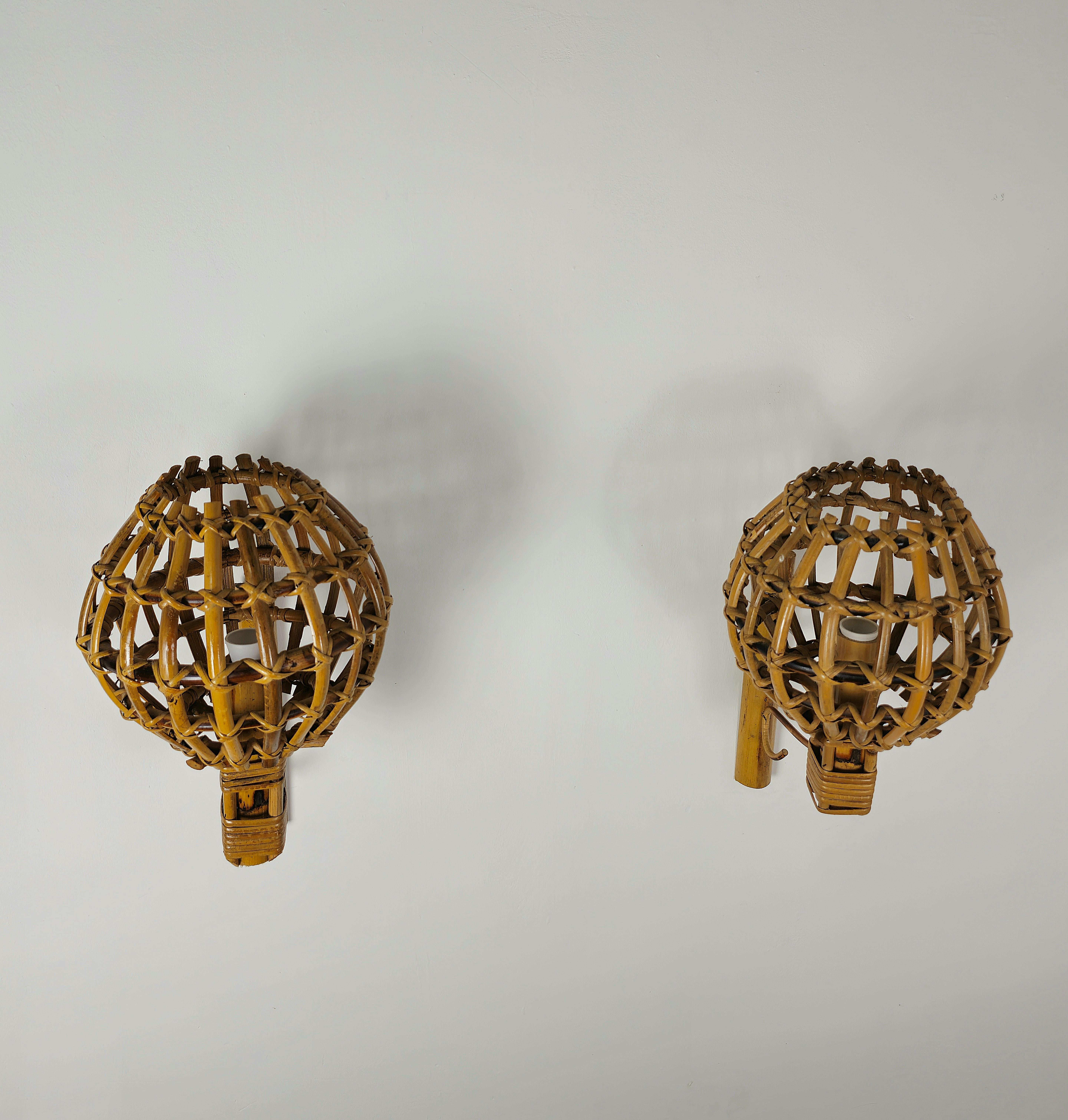 Wall Lights Rattan Bamboo Attributed to Louis Sognot Midcentury 1960s Set of 4  5