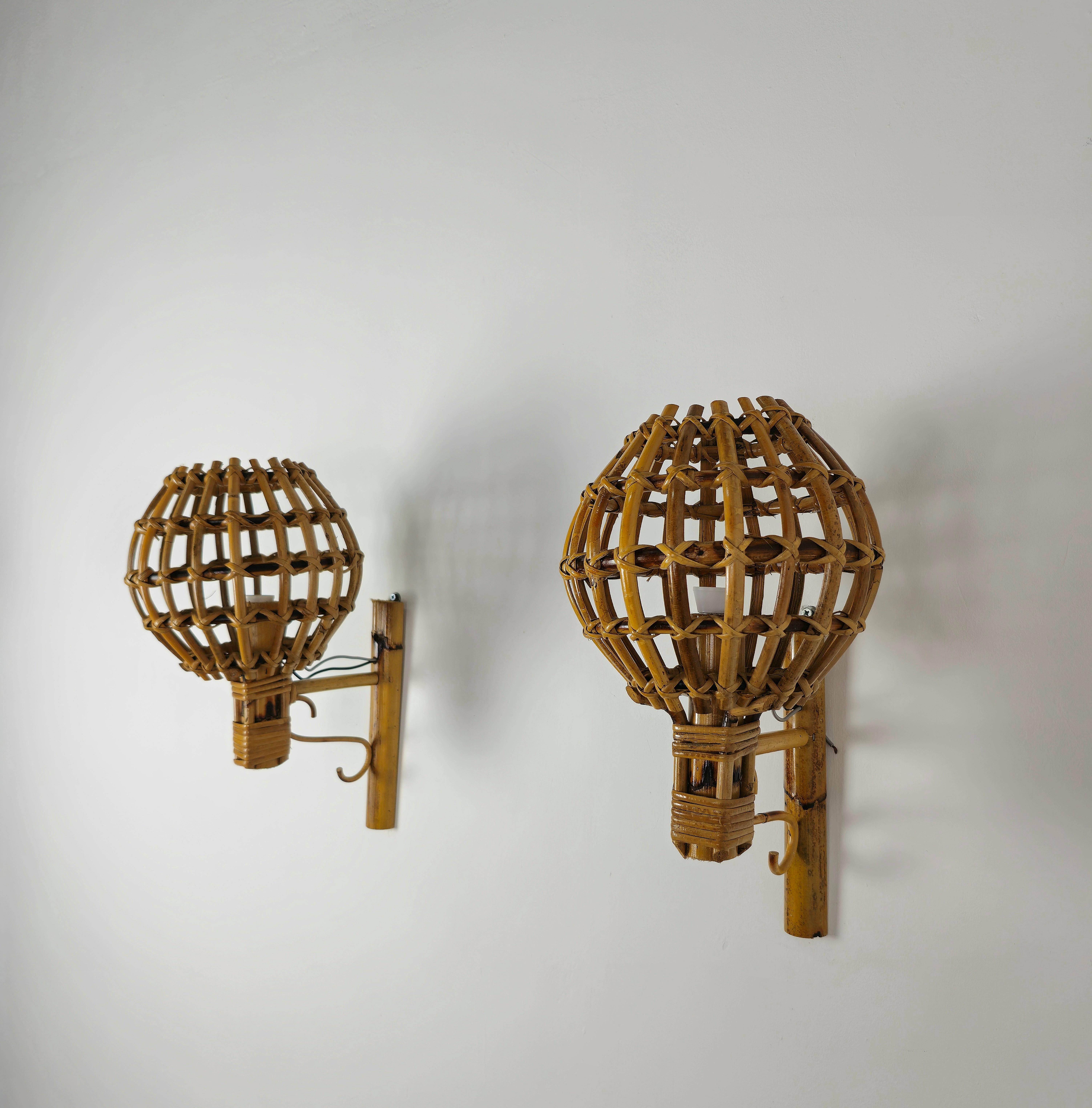 Wall Lights Rattan Bamboo Attributed to Louis Sognot Midcentury 1960s Set of 4  6