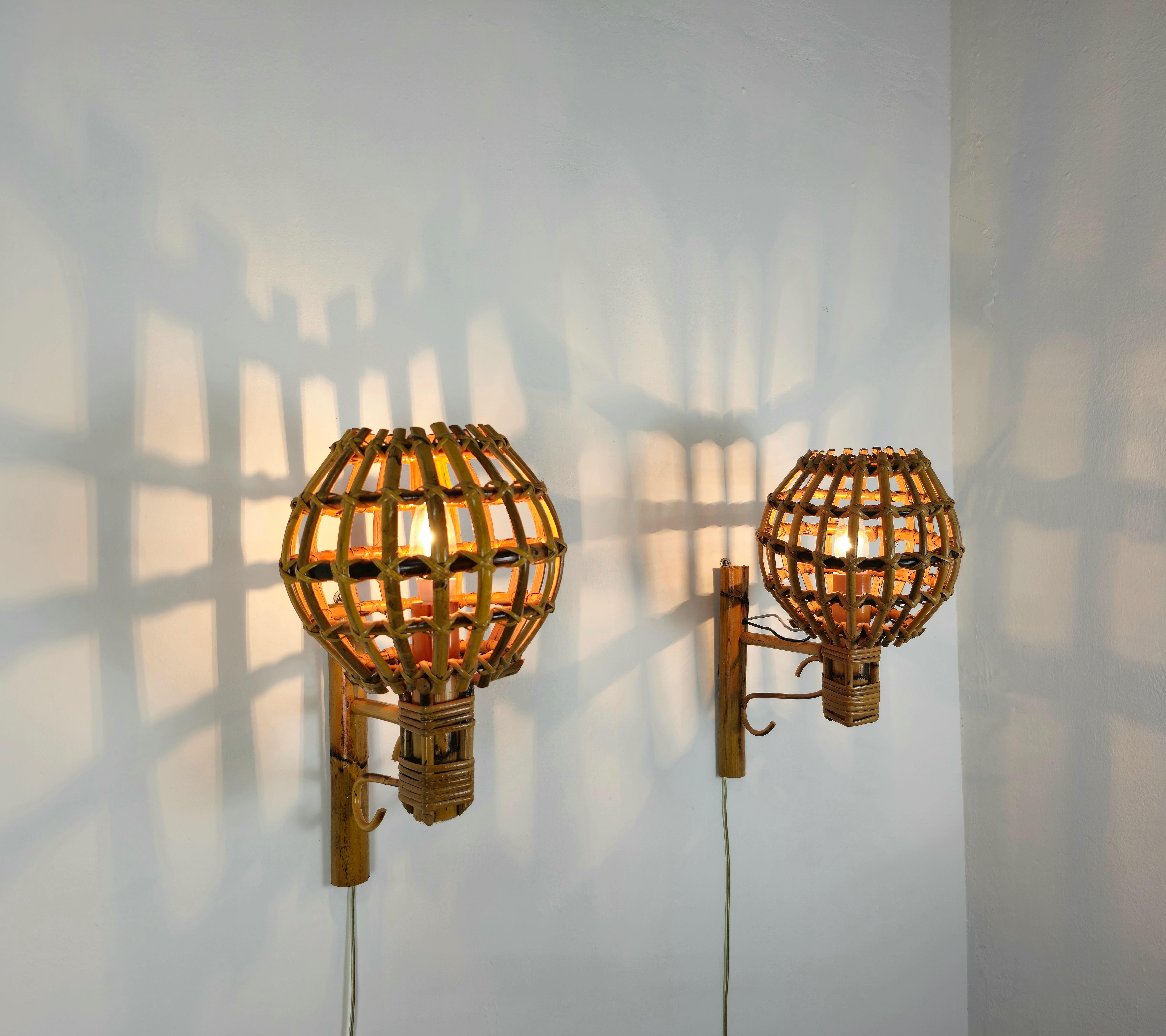 Mid-Century Modern Wall Lights Rattan Bamboo Attributed to Louis Sognot Midcentury 1960s Set of 4 