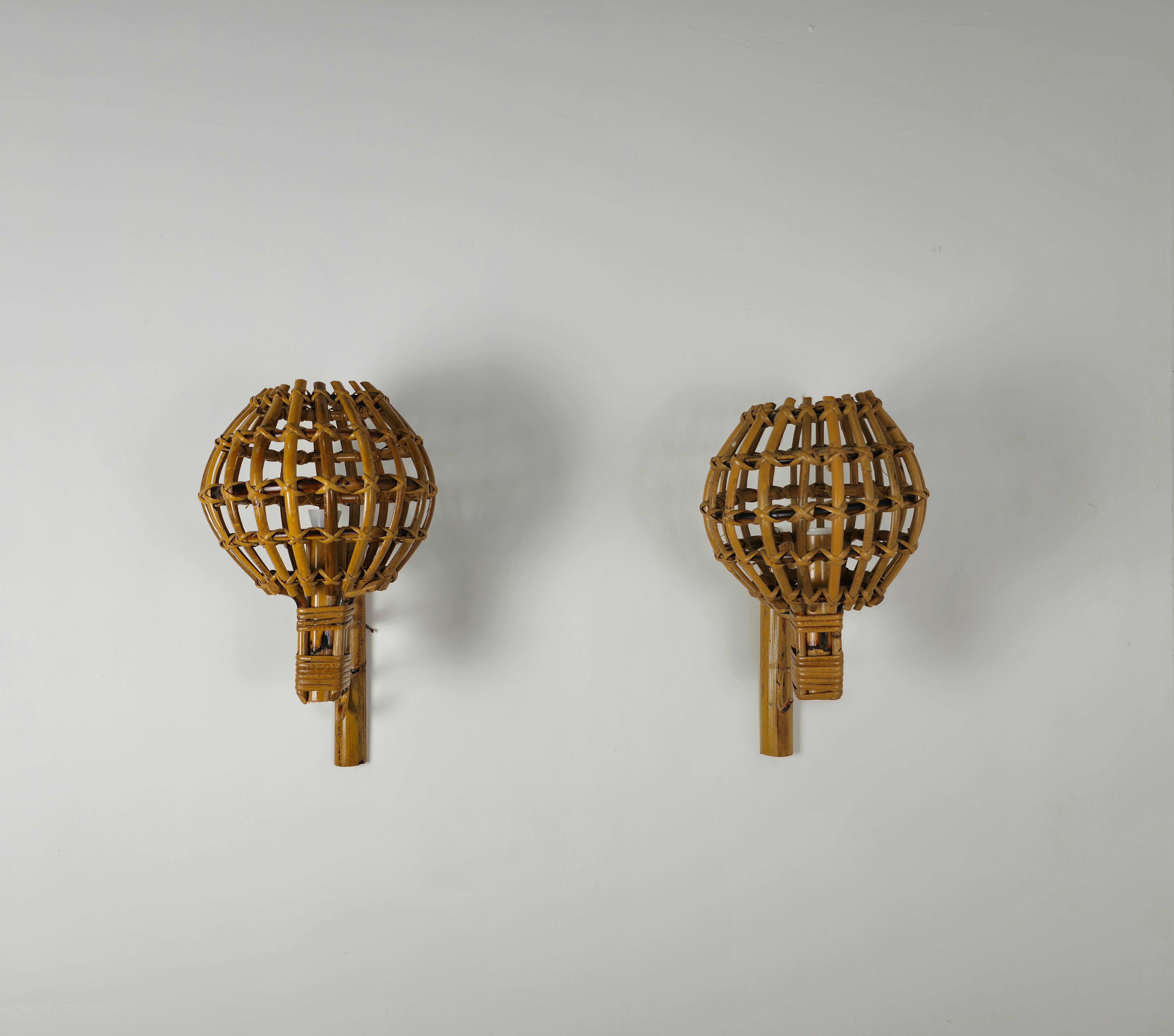French Wall Lights Rattan Bamboo Attributed to Louis Sognot Midcentury 1960s Set of 4 