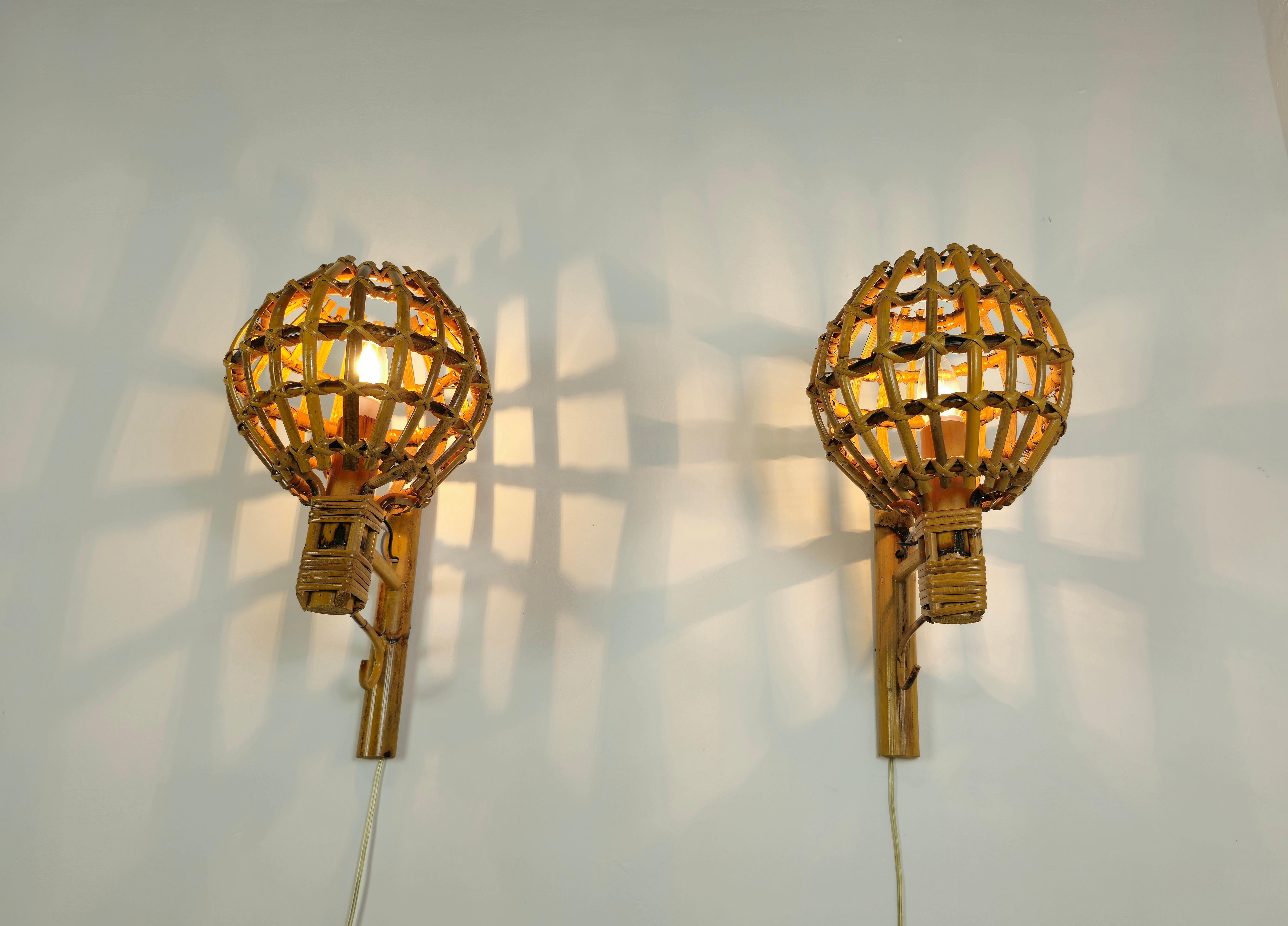 Wall Lights Rattan Bamboo Attributed to Louis Sognot Midcentury 1960s Set of 4  In Good Condition In Palermo, IT