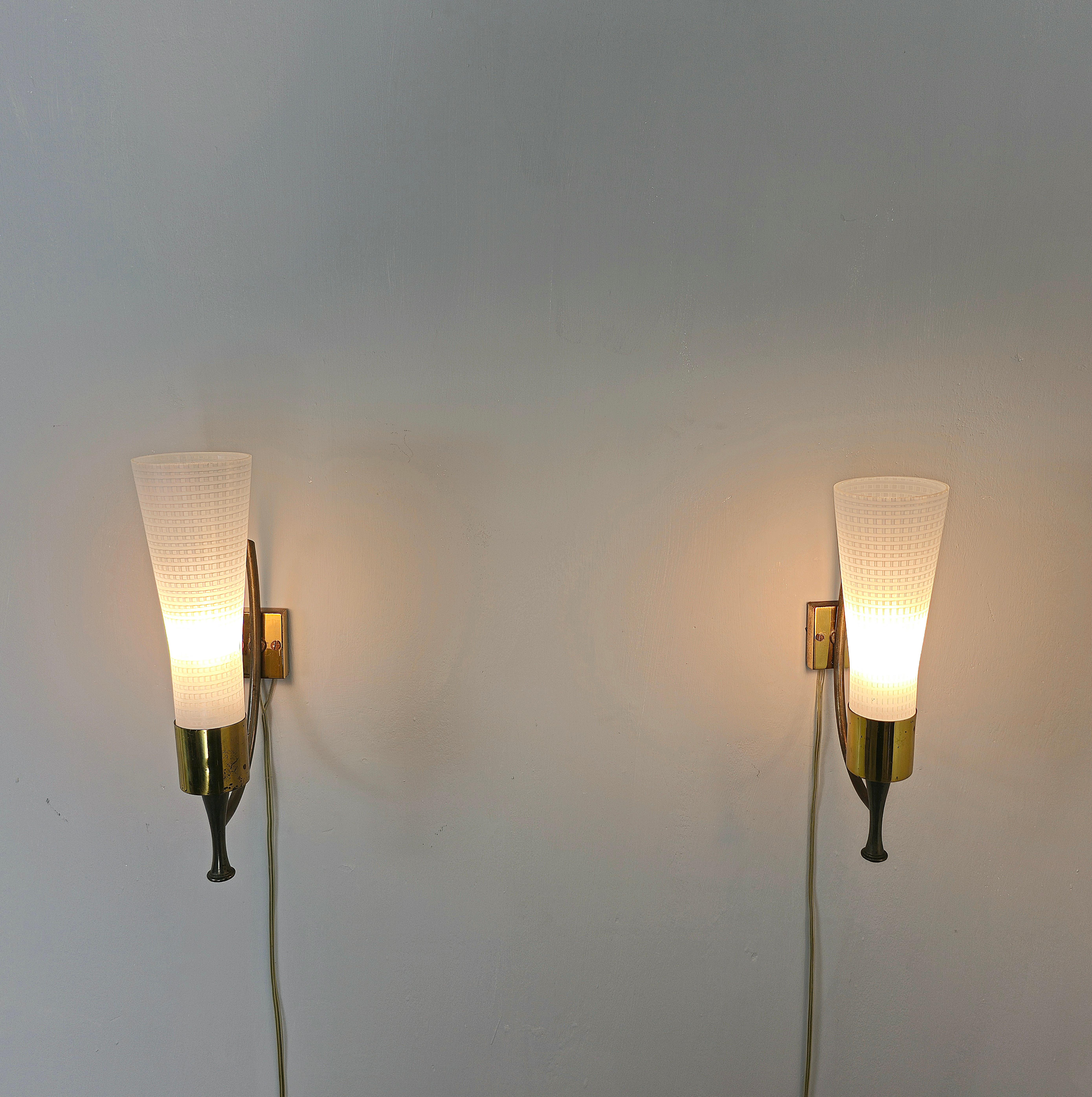 Italian Wall Lights Sconces Brass Decorated Glass Midcentury Modern Italy 1950s Set of 3 For Sale