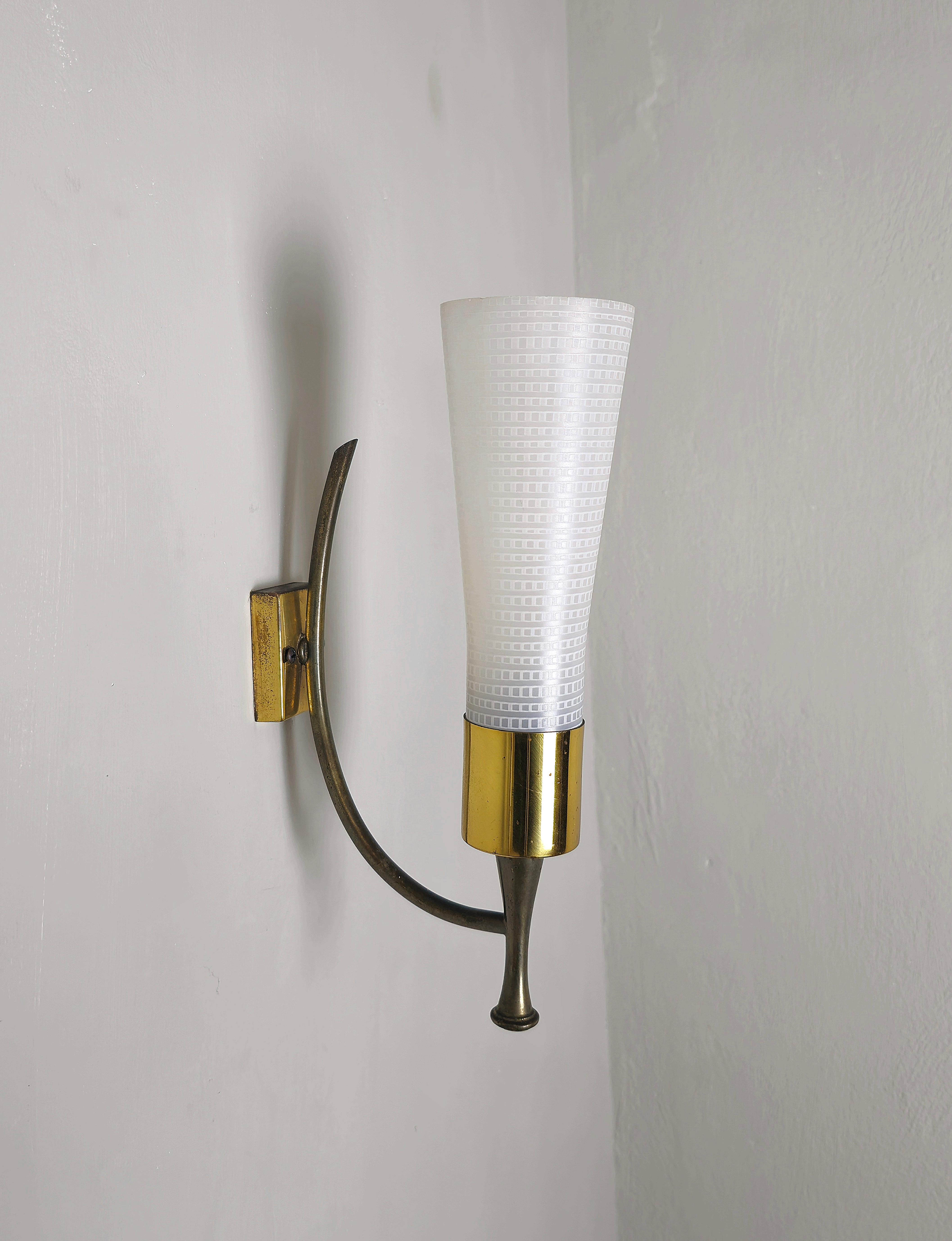 Wall Lights Sconces Brass Decorated Glass Midcentury Modern Italy 1950s Set of 3 For Sale 1