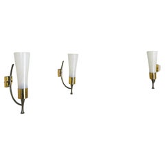 Vintage Wall Lights Sconces Brass Decorated Glass Midcentury Modern Italy 1950s Set of 3