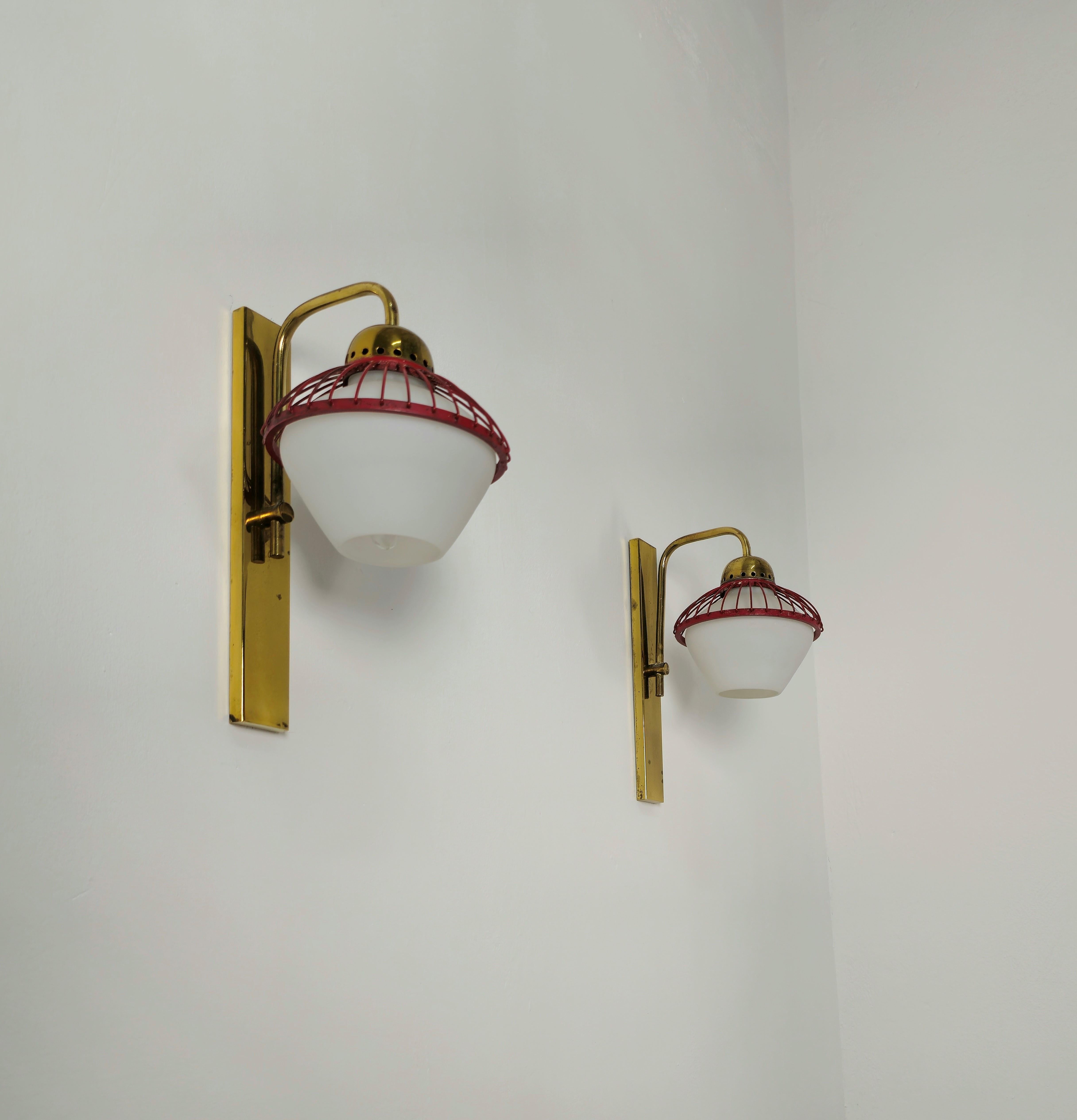 Wall Lights Sconces Brass Opal Glass Attributed to Stilnovo Midcentury Set of 2 For Sale 5