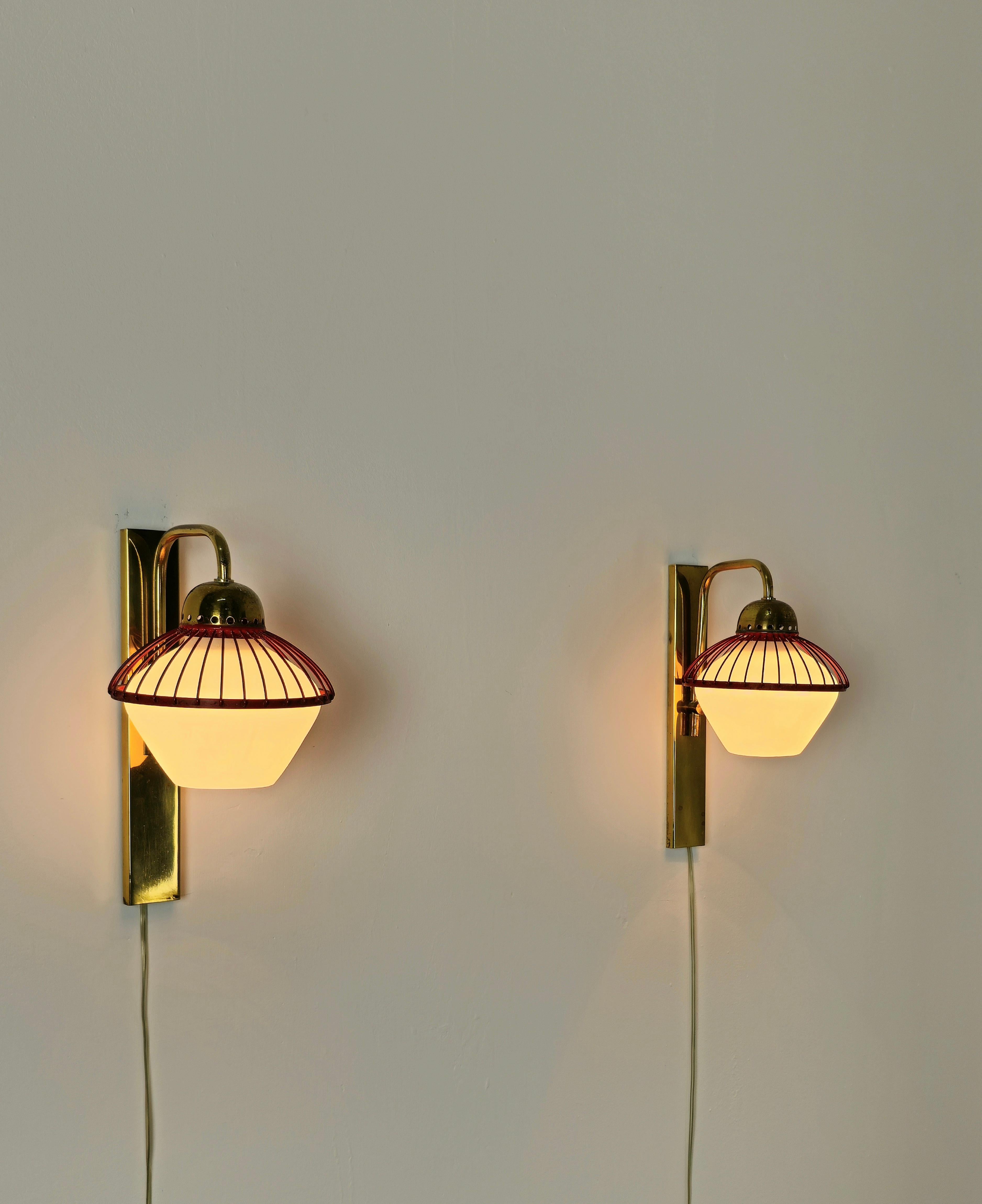 Wall Lights Sconces Brass Opal Glass Attributed to Stilnovo Midcentury Set of 2 For Sale 6