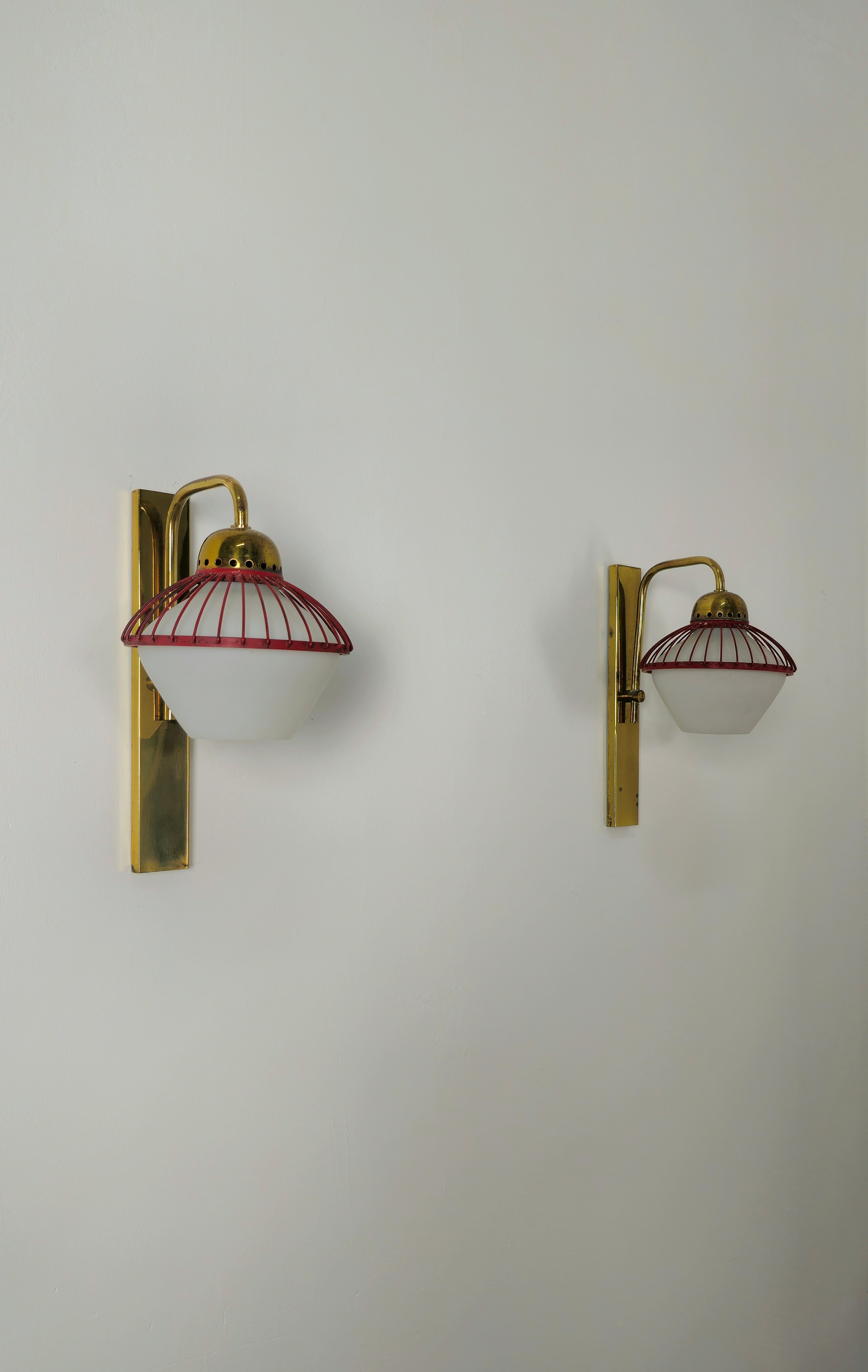 Wall Lights Sconces Brass Opal Glass Attributed to Stilnovo Midcentury Set of 2 For Sale 7