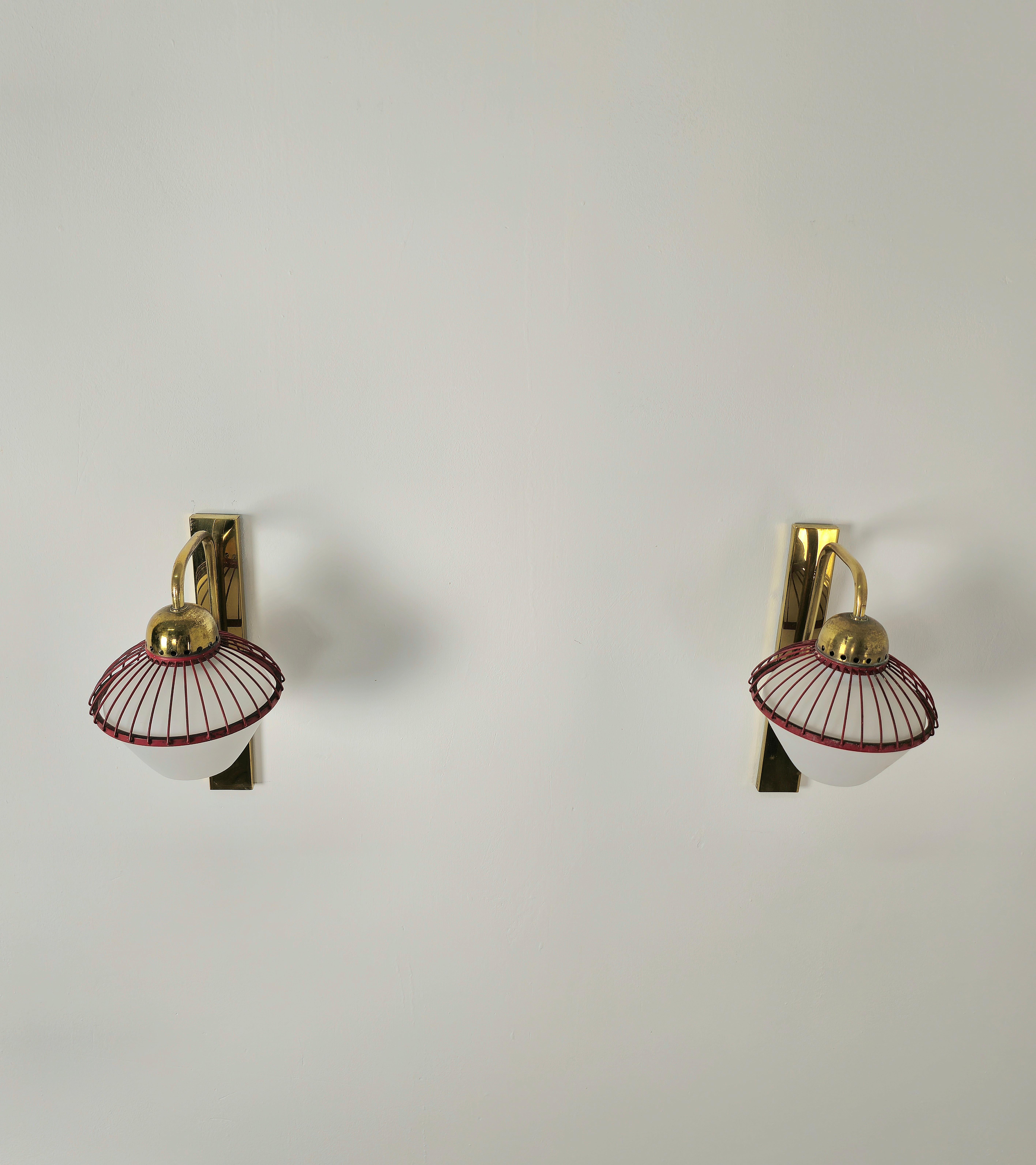 Wall Lights Sconces Brass Opal Glass Attributed to Stilnovo Midcentury Set of 2 For Sale 8