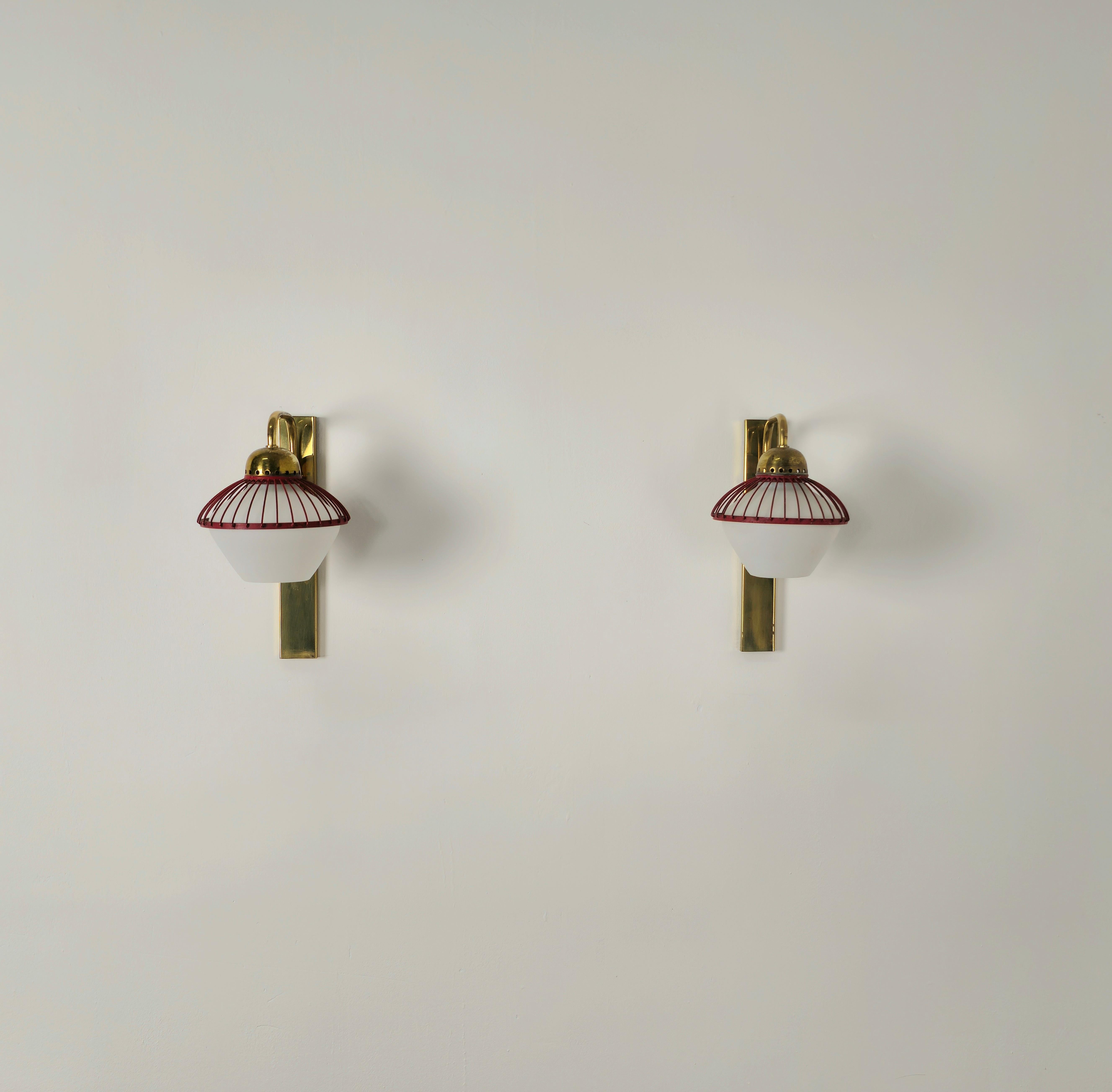 Mid-Century Modern Wall Lights Sconces Brass Opal Glass Attributed to Stilnovo Midcentury Set of 2
