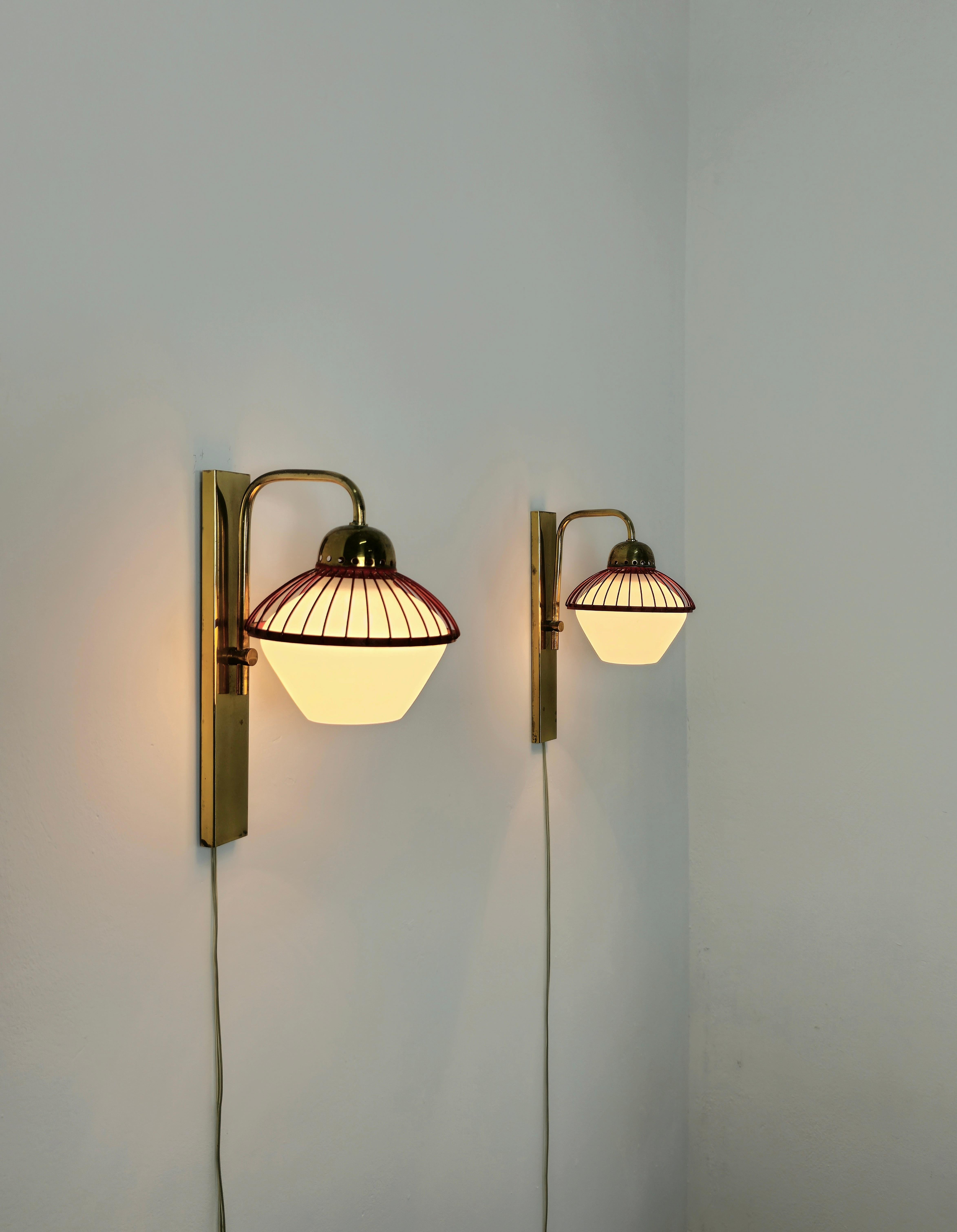 Italian Wall Lights Sconces Brass Opal Glass Attributed to Stilnovo Midcentury Set of 2