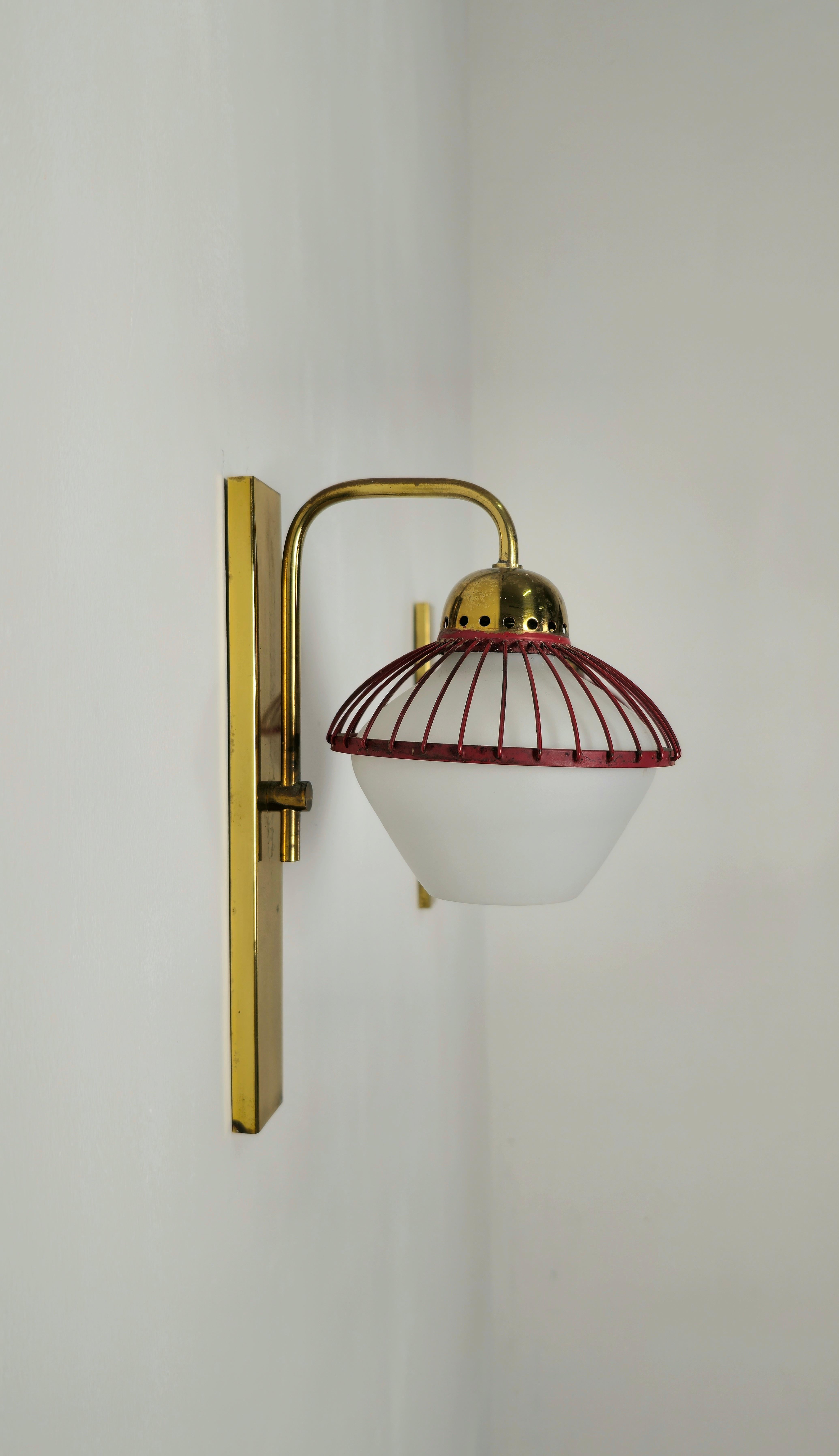 Enameled Wall Lights Sconces Brass Opal Glass Attributed to Stilnovo Midcentury Set of 2 For Sale