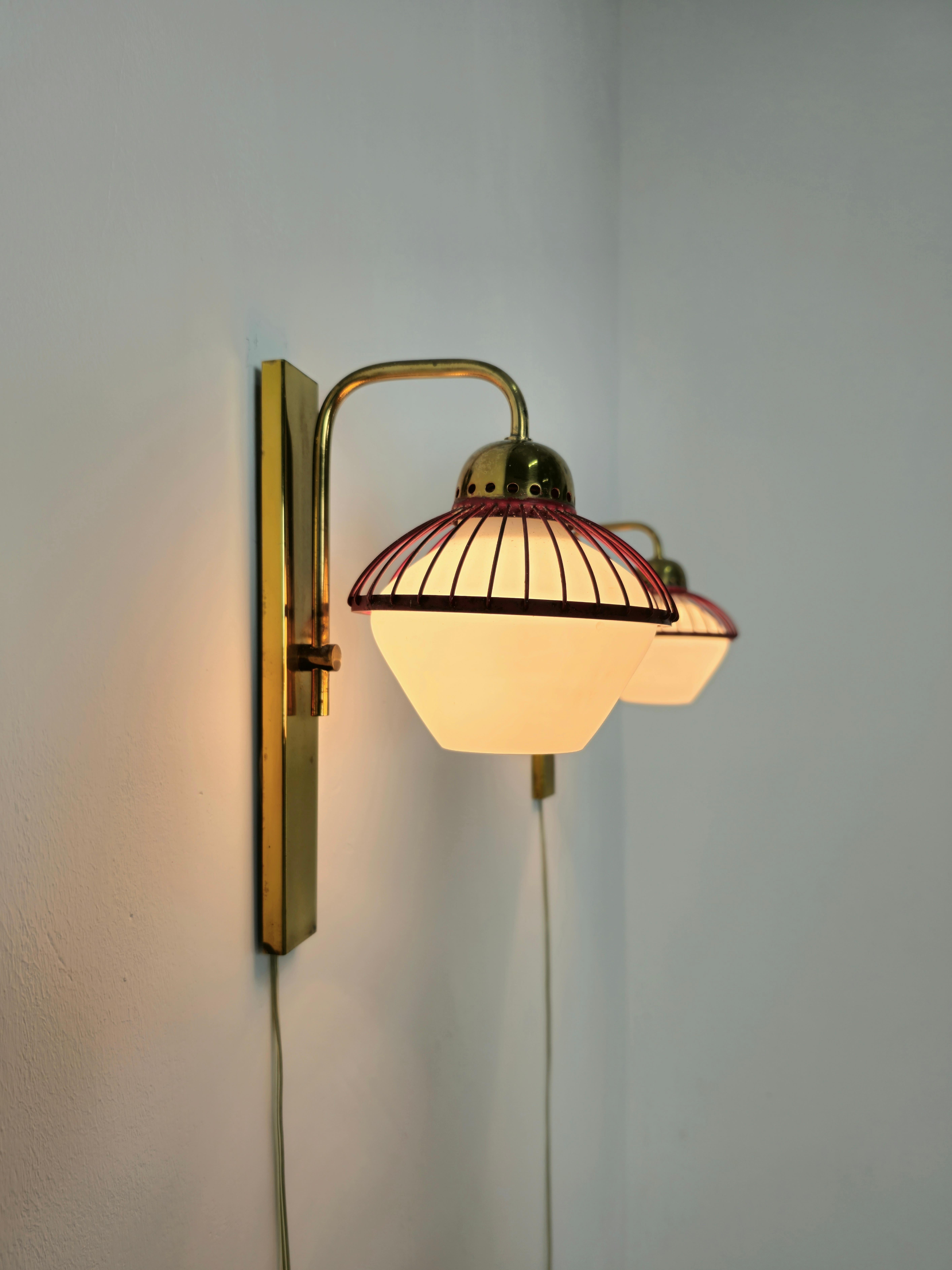 Wall Lights Sconces Brass Opal Glass Attributed to Stilnovo Midcentury Set of 2 In Good Condition For Sale In Palermo, IT
