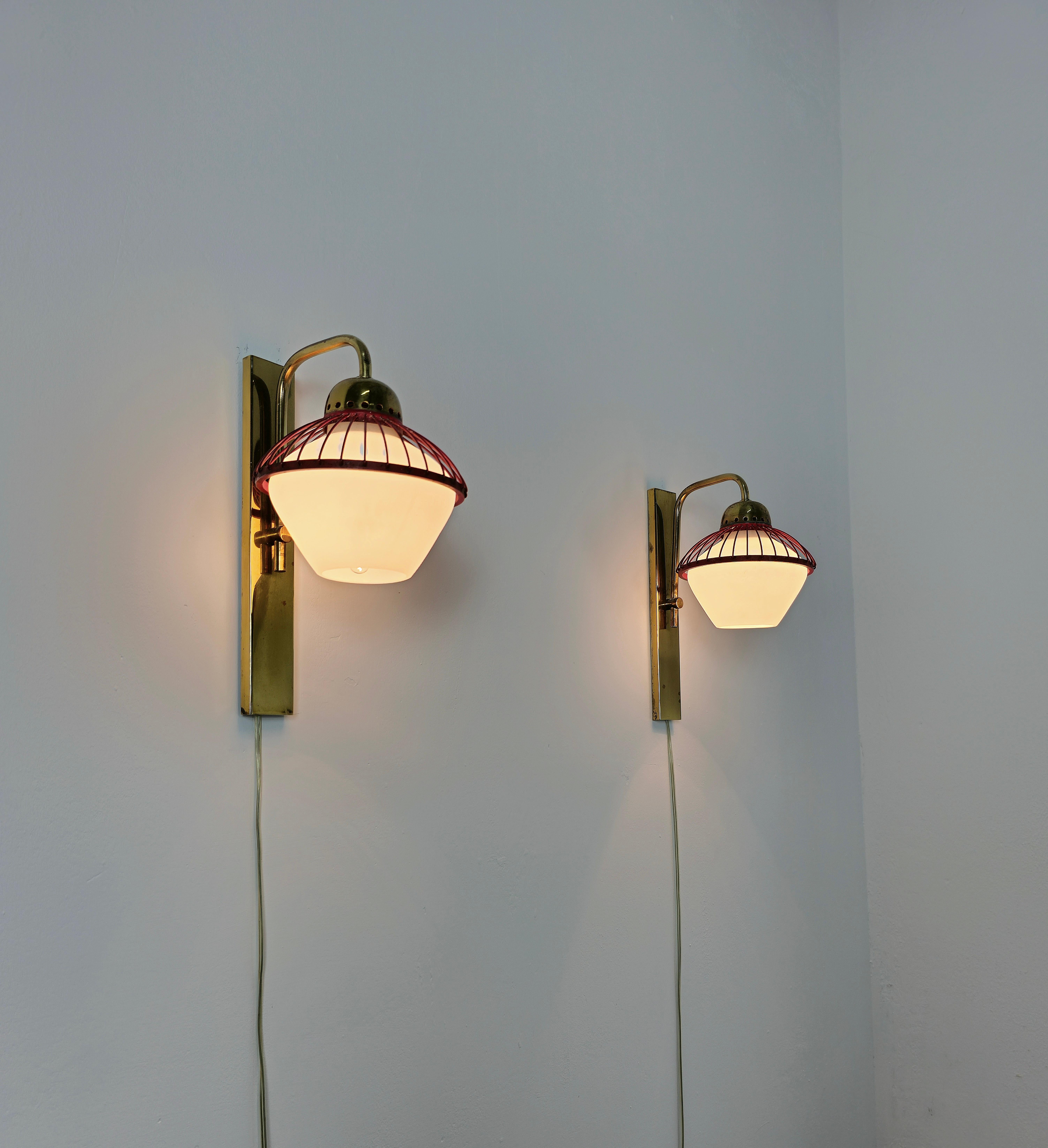 Metal Wall Lights Sconces Brass Opal Glass Attributed to Stilnovo Midcentury Set of 2 For Sale