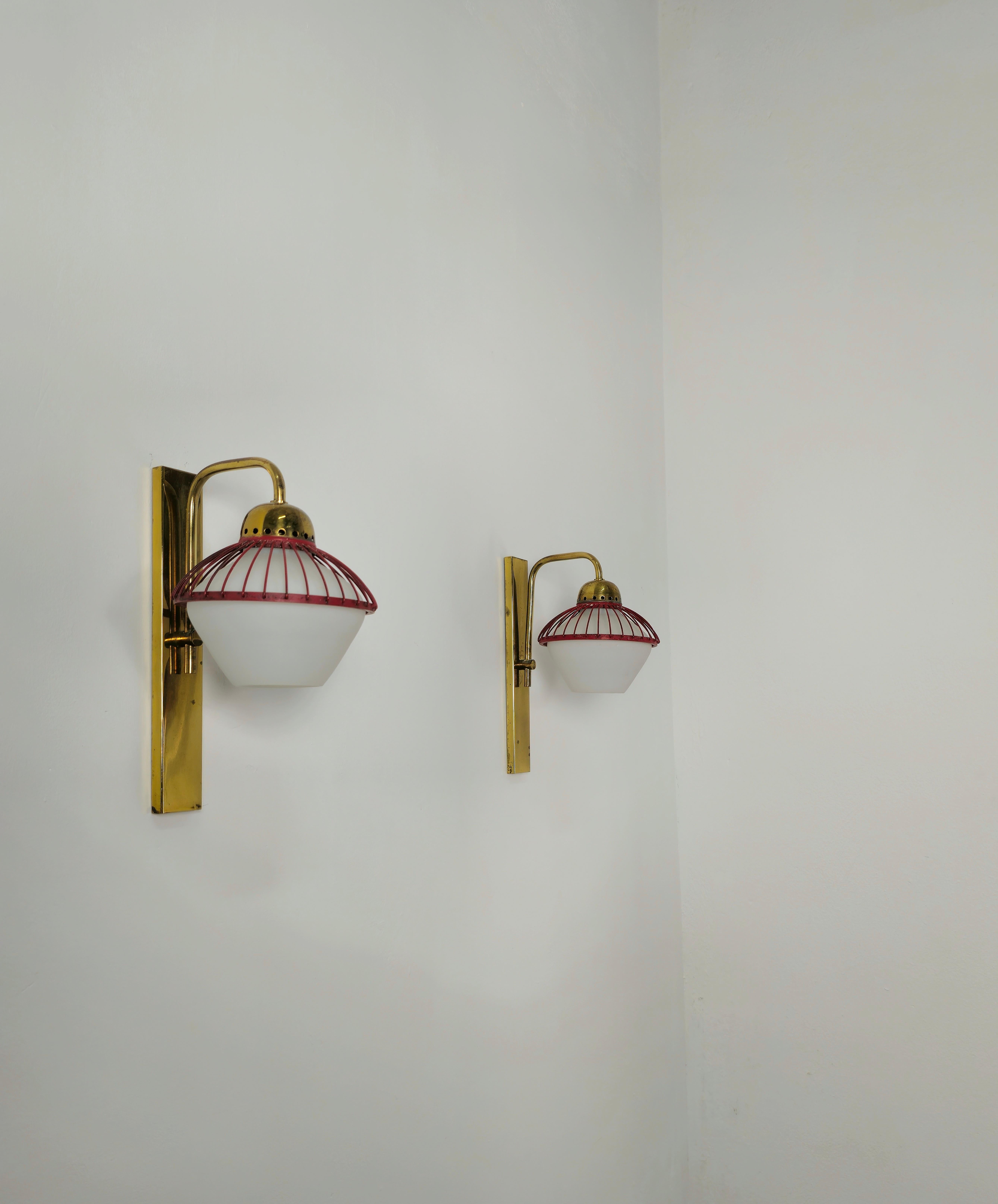 Wall Lights Sconces Brass Opal Glass Attributed to Stilnovo Midcentury Set of 2 1