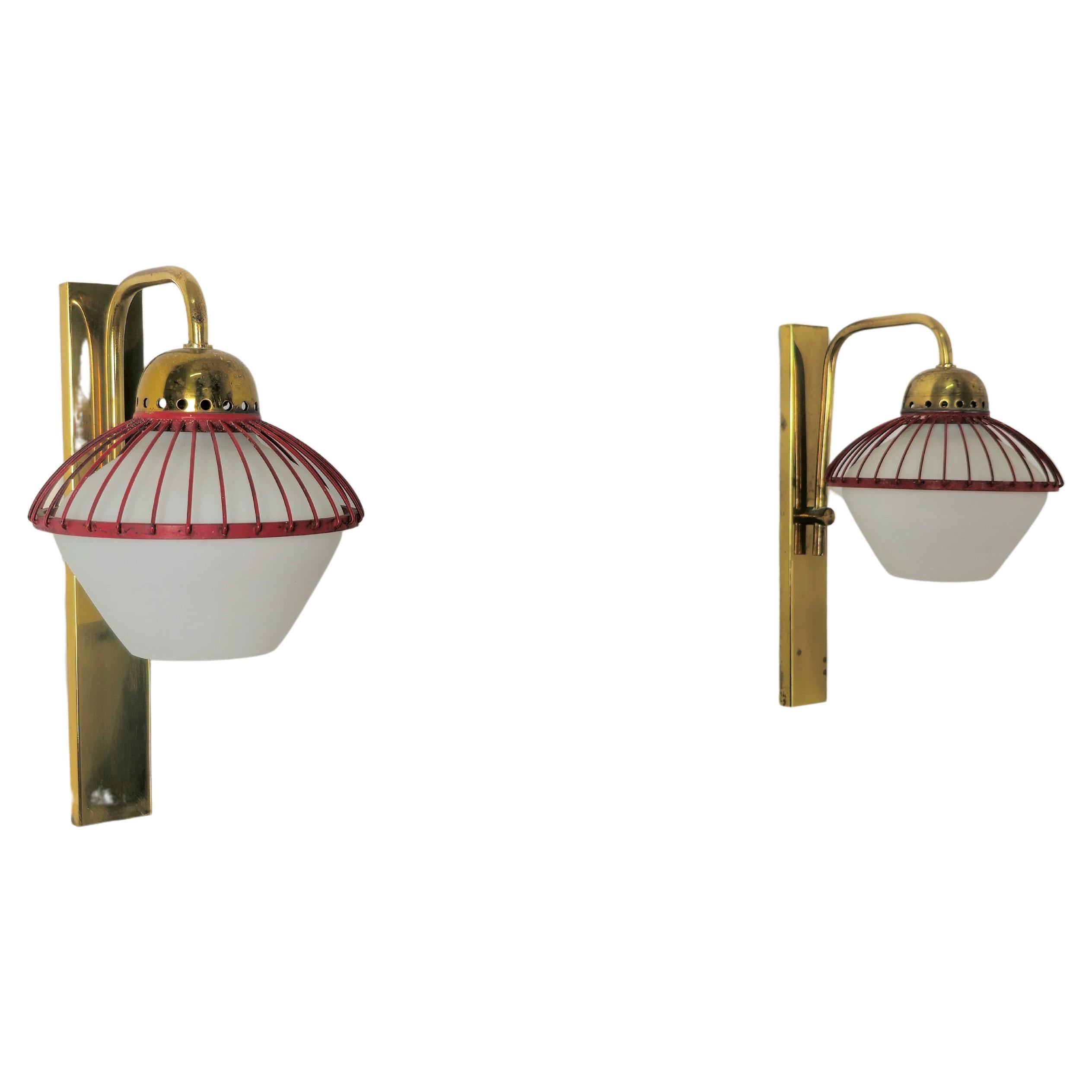 Wall Lights Sconces Brass Opal Glass Attributed to Stilnovo Midcentury Set of 2 For Sale