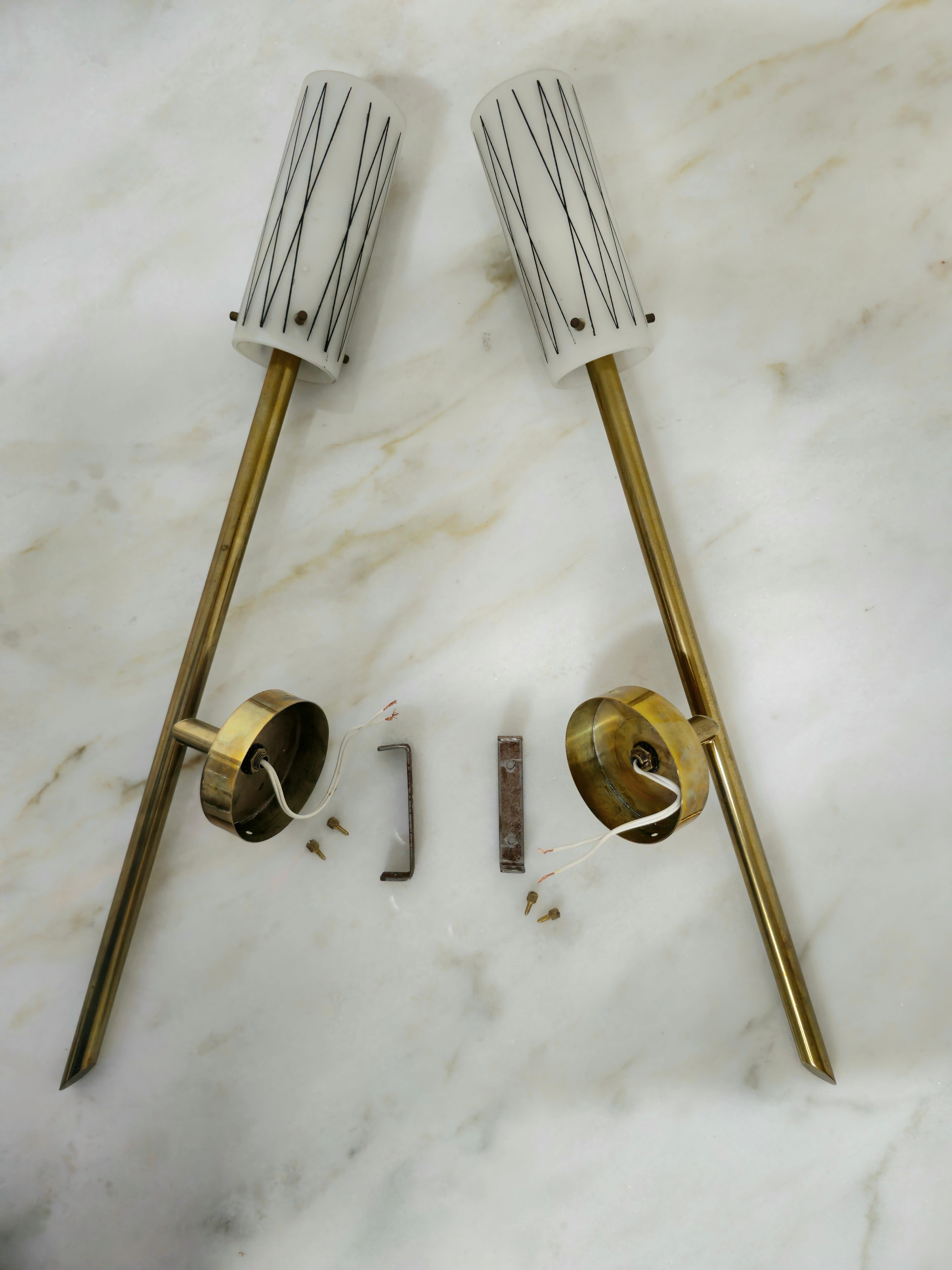 Pair of Wall Lights Sconces Brass Opaline Glass Midcentury Italian Design 1950s  For Sale 7