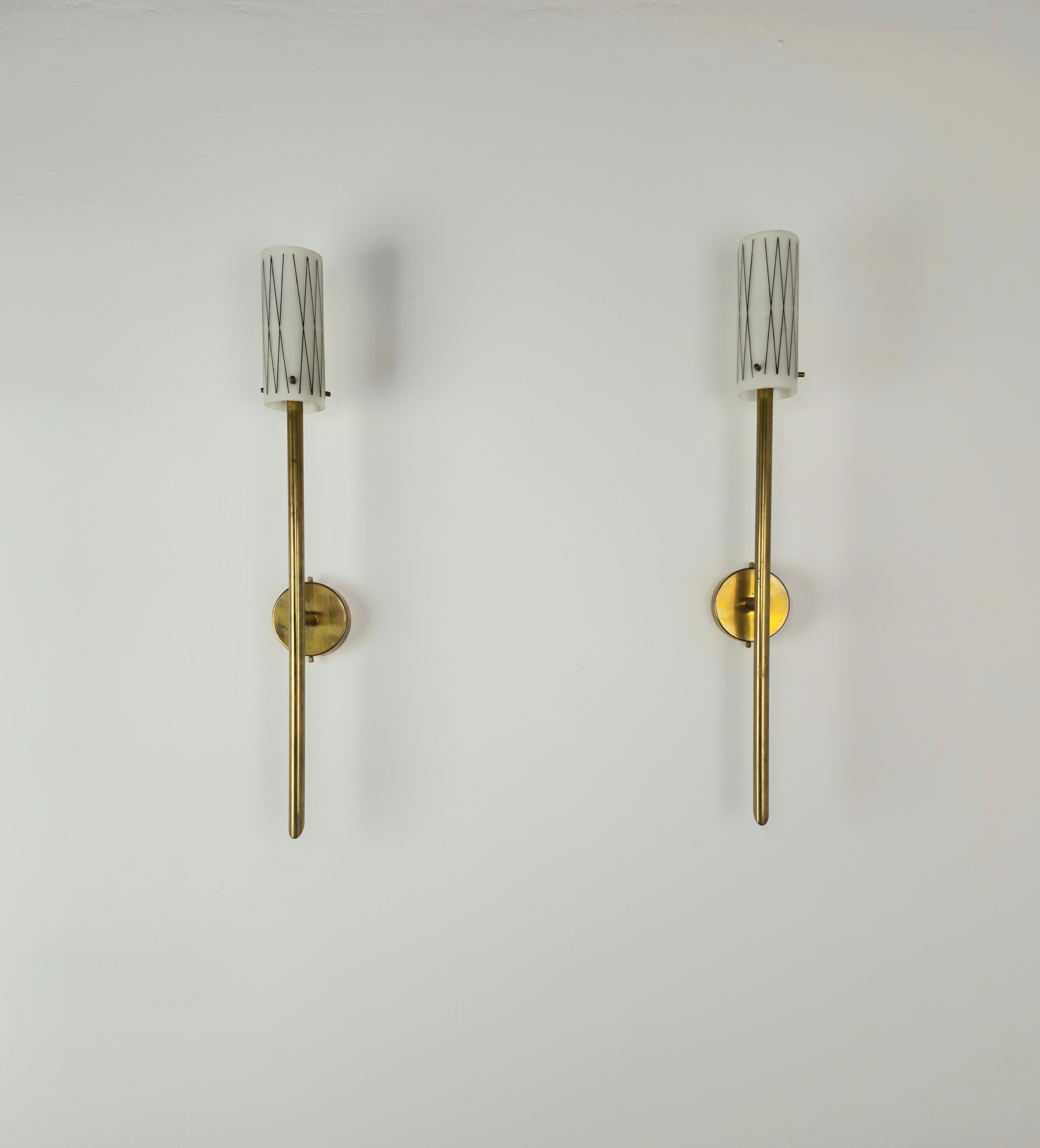 Mid-Century Modern Pair of Wall Lights Sconces Brass Opaline Glass Midcentury Italian Design 1950s  For Sale
