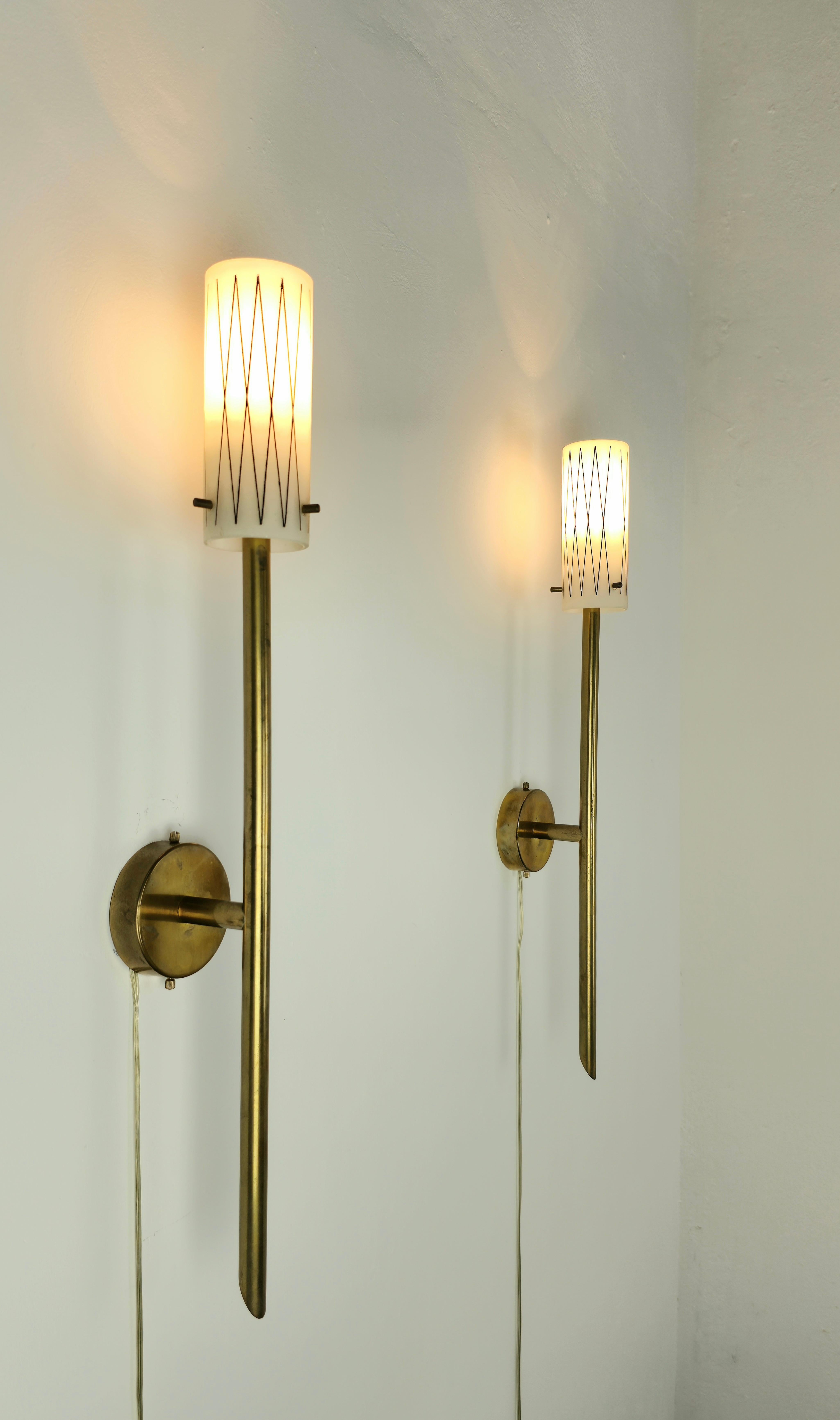 20th Century Pair of Wall Lights Sconces Brass Opaline Glass Midcentury Italian Design 1950s  For Sale