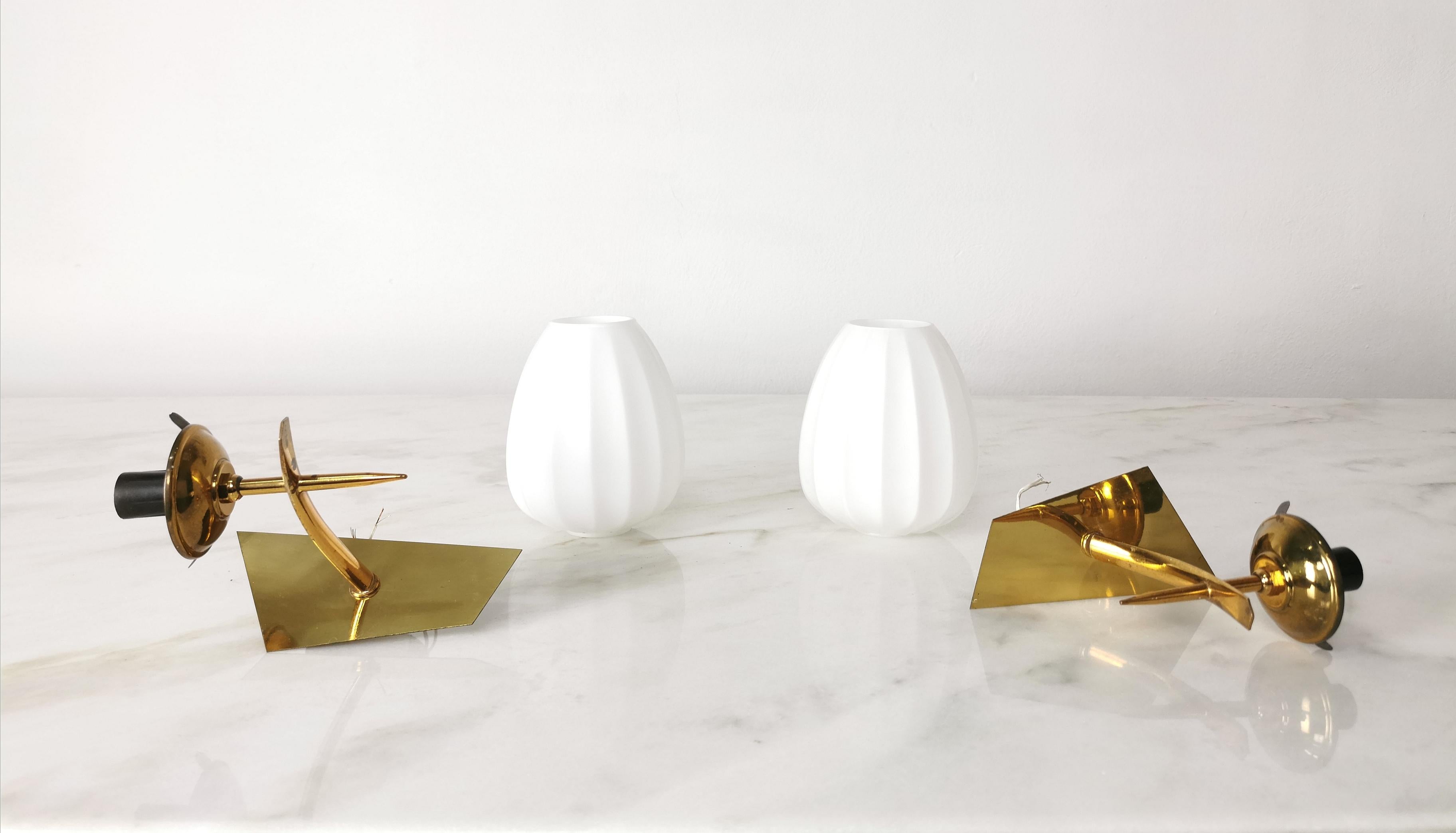 Pair of Wall lights Sconces Brass Opaline Glass Midcentury Modern Italy 1960s  4