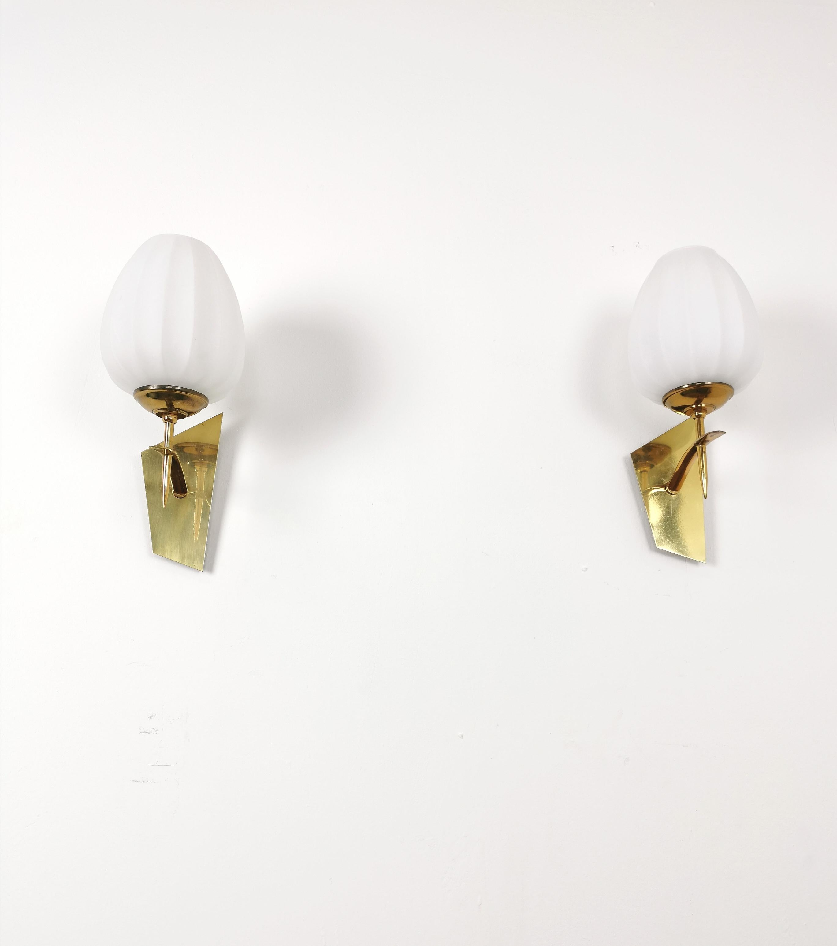 Mid-Century Modern Pair of Wall lights Sconces Brass Opaline Glass Midcentury Modern Italy 1960s 