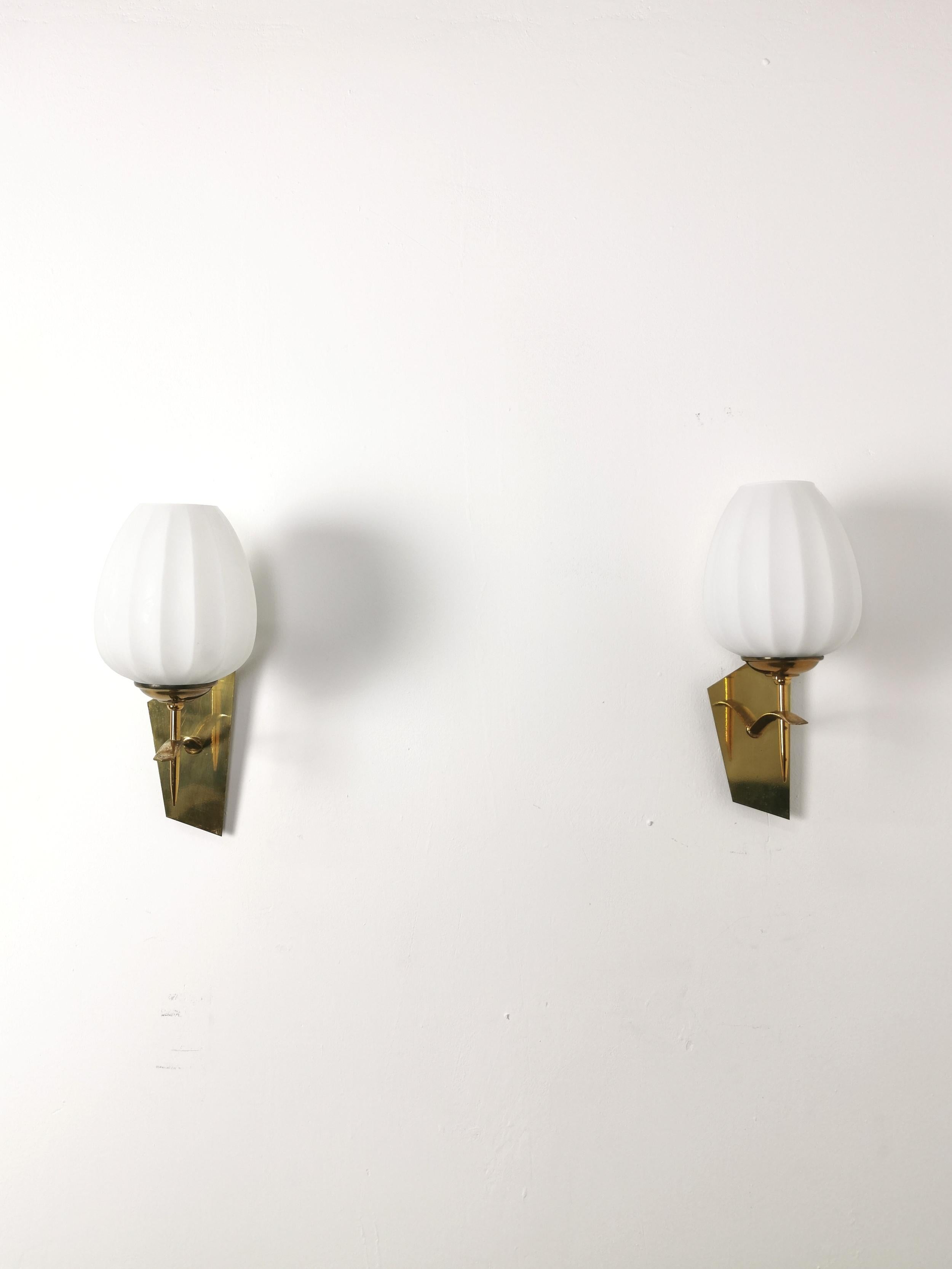 Italian Pair of Wall lights Sconces Brass Opaline Glass Midcentury Modern Italy 1960s 